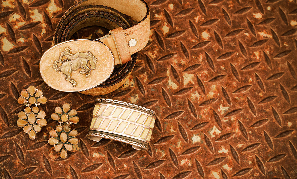 Oscar Betz for Double D Ranch earrings with Double D Ranch cuff and vintage belt.