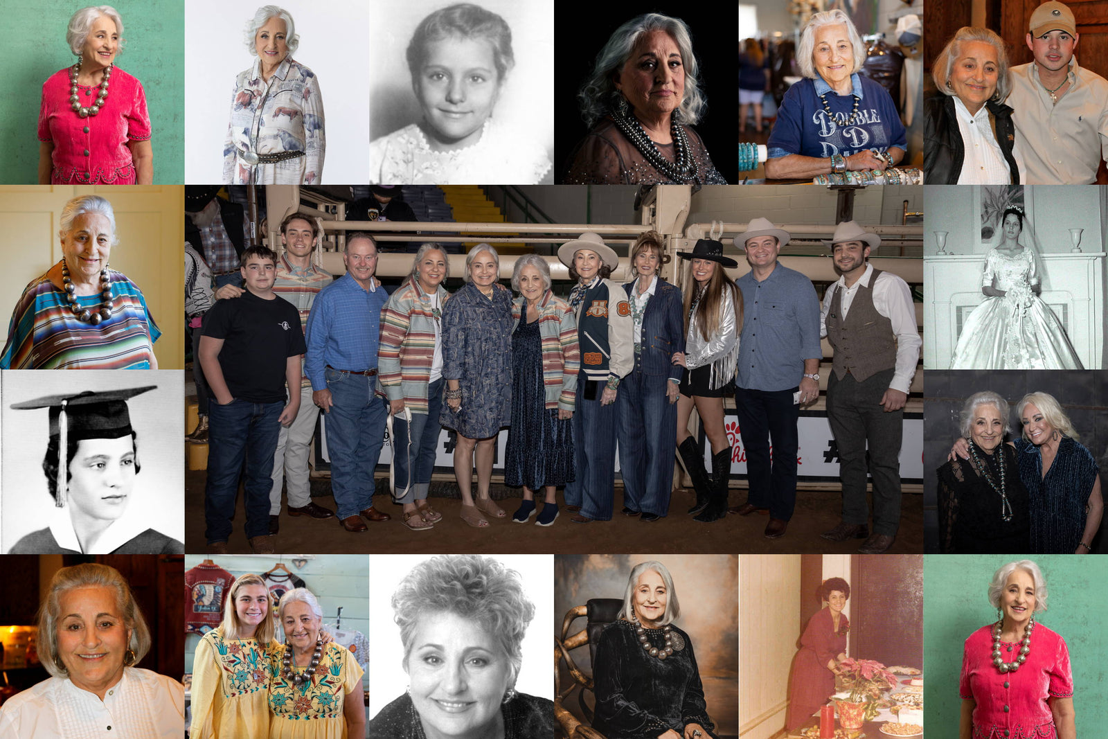 Collage of pictures of Margie McMullen throughout the years and with her family.