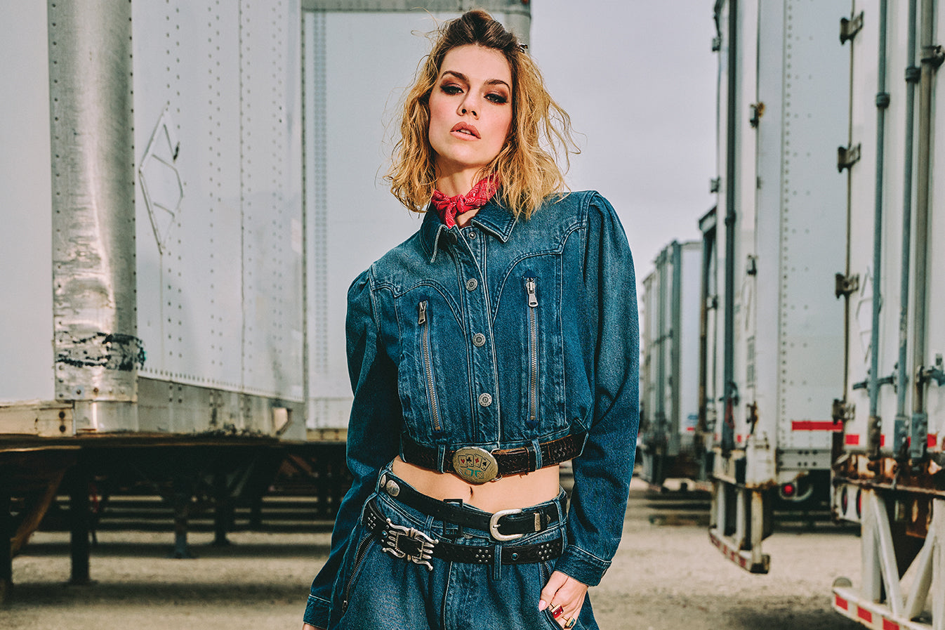 Lozzie wearing the Spur Line Jacket and Short with Double D Ranch accessories and jewelry.