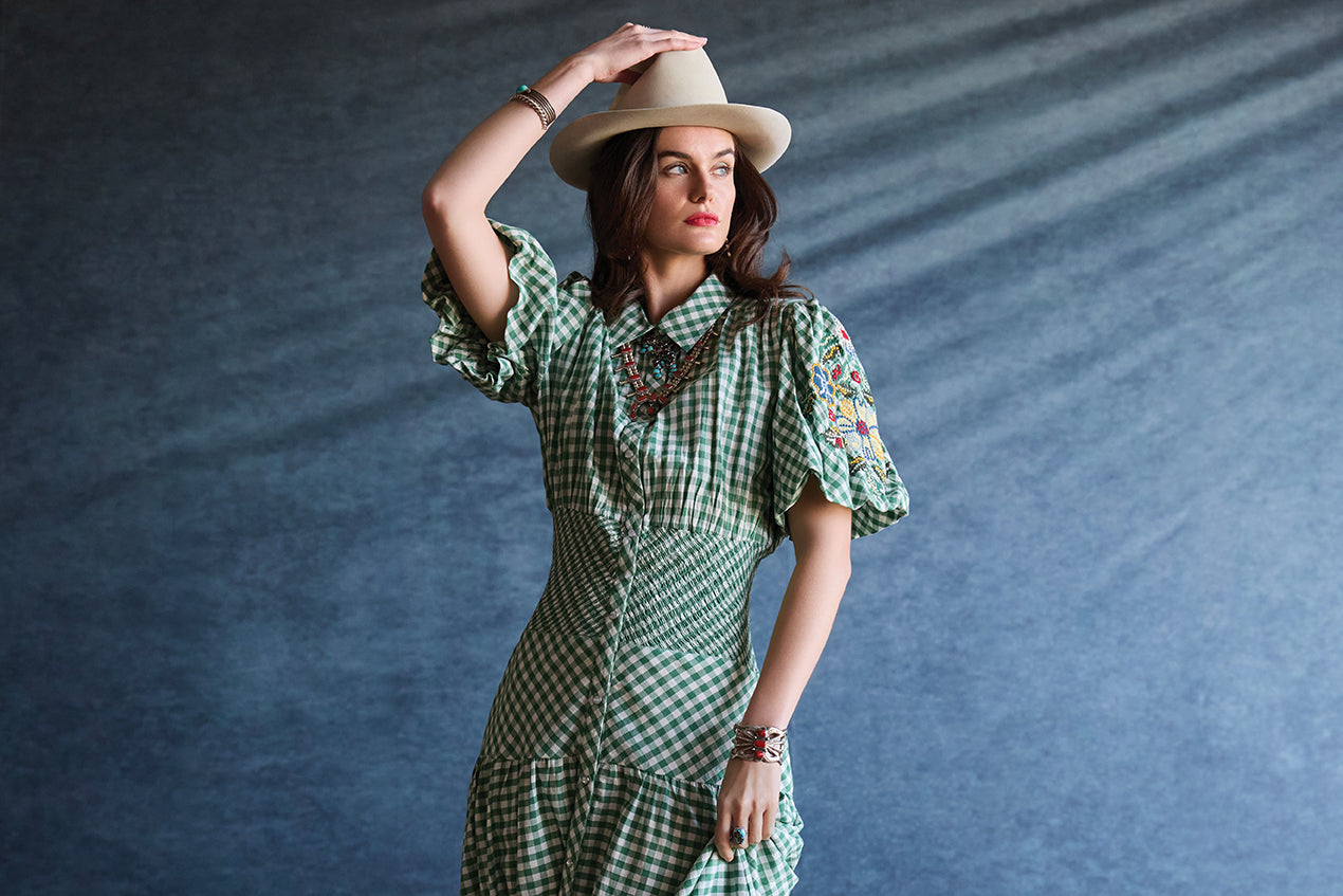 Kaylin wearing the Tea Party Dress with Double D Ranch jewelry and accessories.