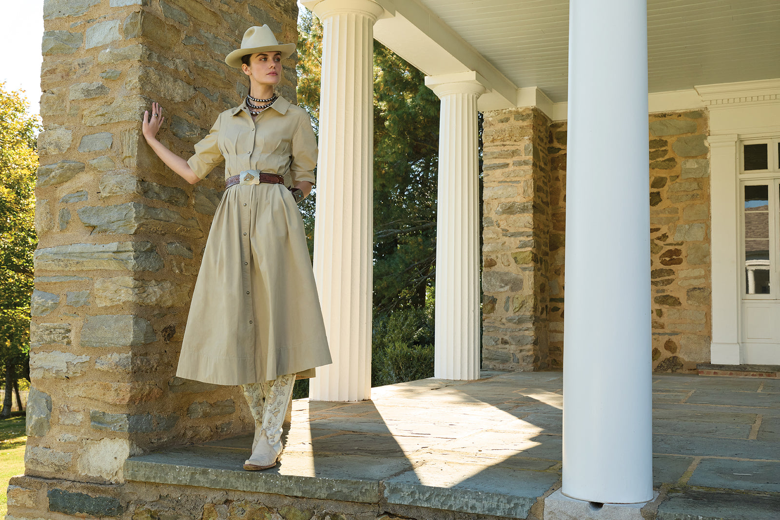 Kaylin wearing the Annie Dress with vintage accessories, Double D Ranch jewelry, and the Tenderfoot boots.