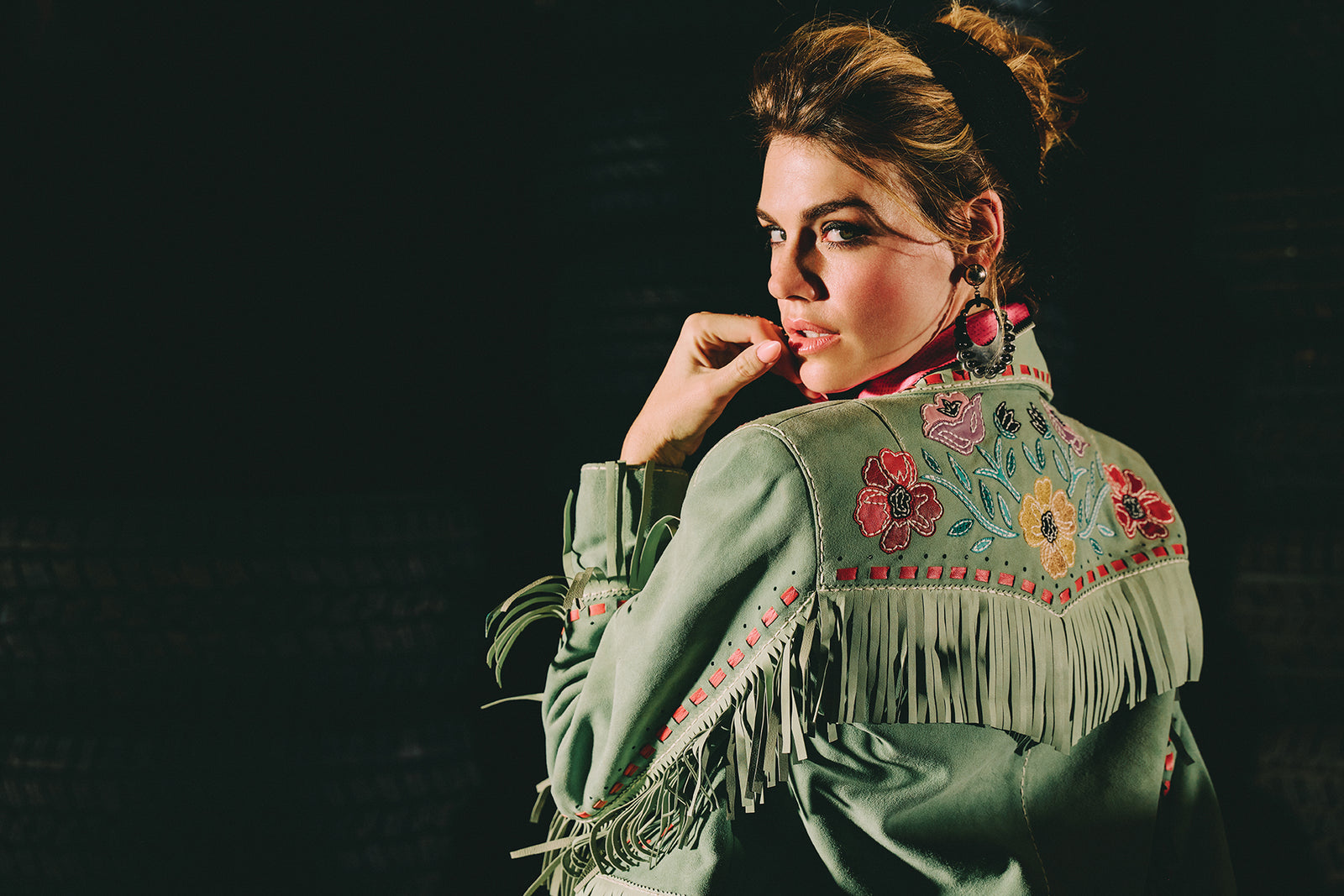 Lozzie wearing the Prairie Vandal Jacket in Sage Gray