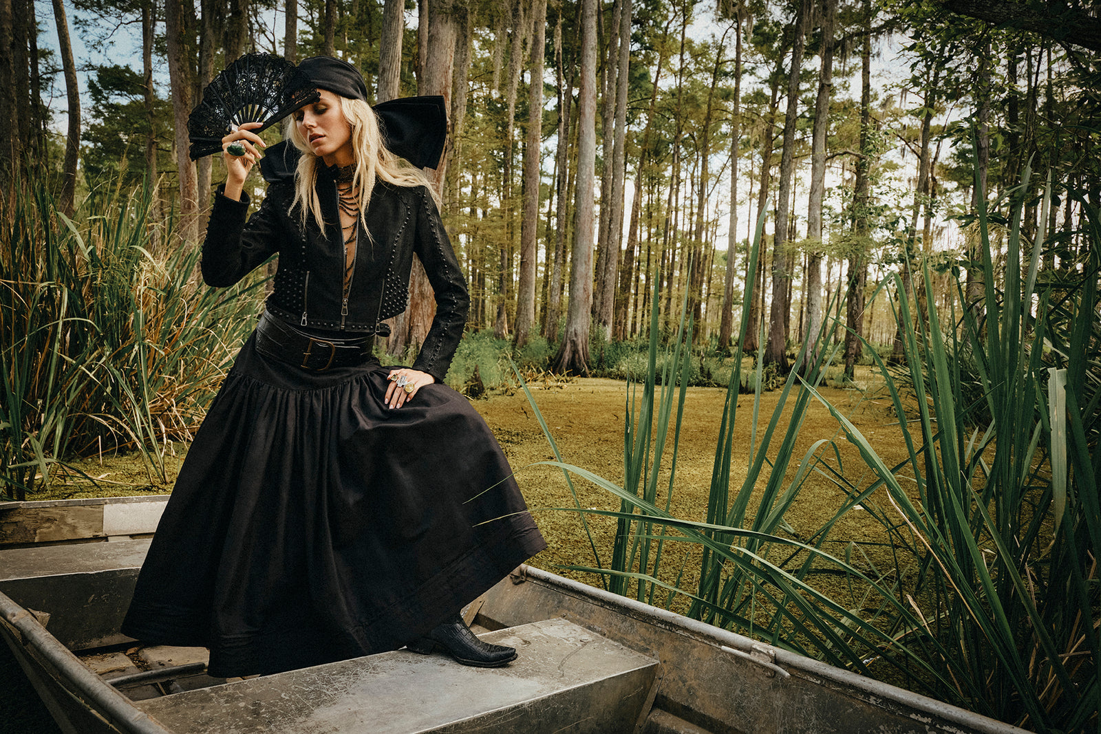 Haley wearing the Crikey Jacket with the Bon Temps Brigade skirt, Dragon Fly Hat, and Double D Ranch jewelry and accessories.