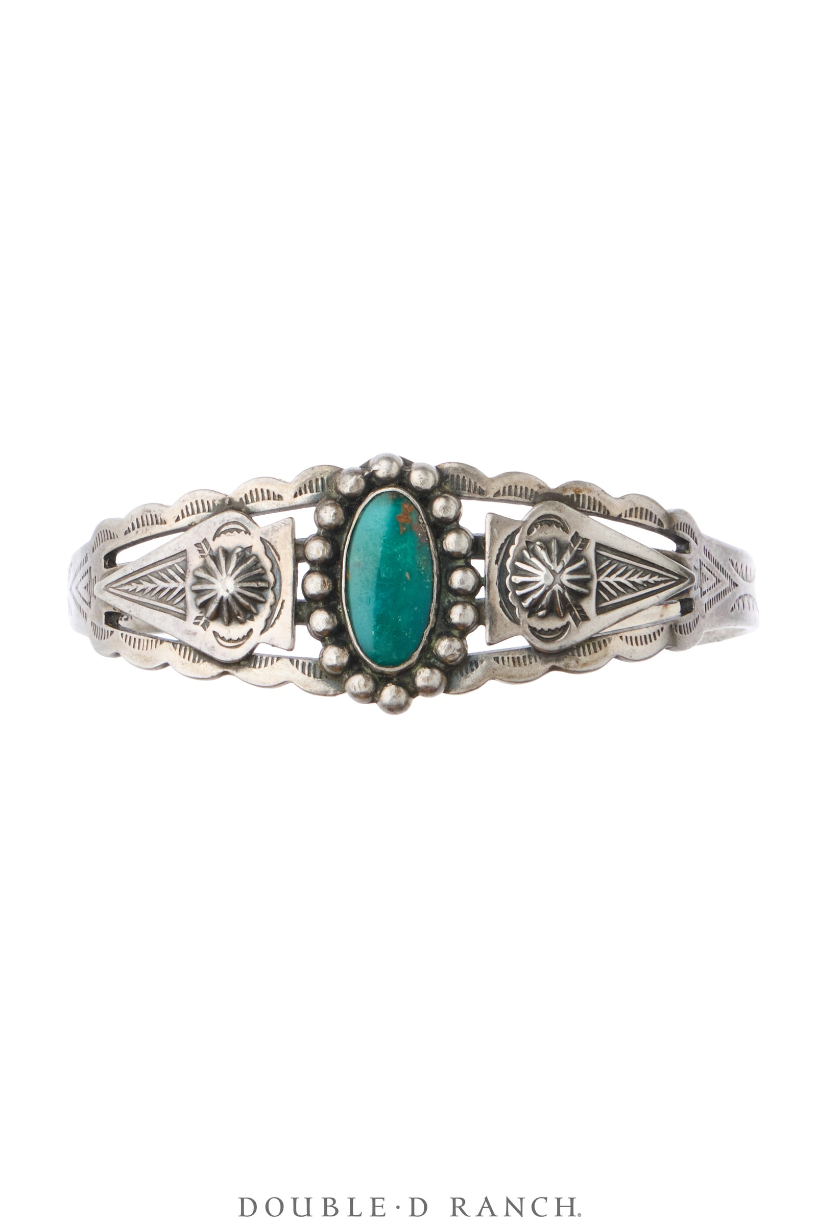 Cuff, Fred Harvey Railroad Era, Turquoise, Arrowhead Graphic, Maisels Trading Post, Vintage ‘40s, 4381