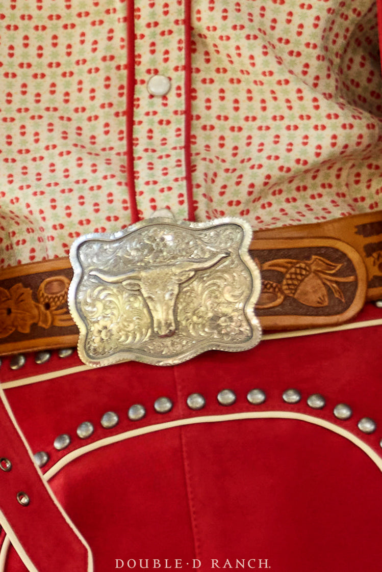 Belt, A Buckle, Western, Longhorn & Engraved Scroll, Artisan, Contemporary, 534