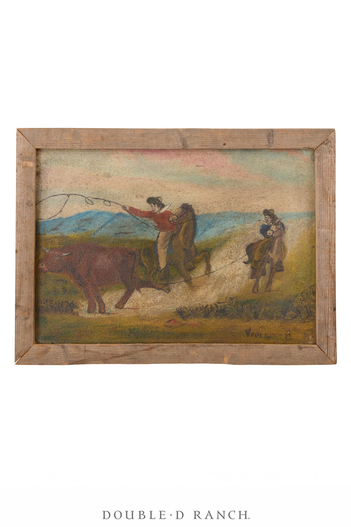 Art, Oil on Canvas, Cowboys Roping a Steer, Signed, Vintage, Early 20th Century, 1351