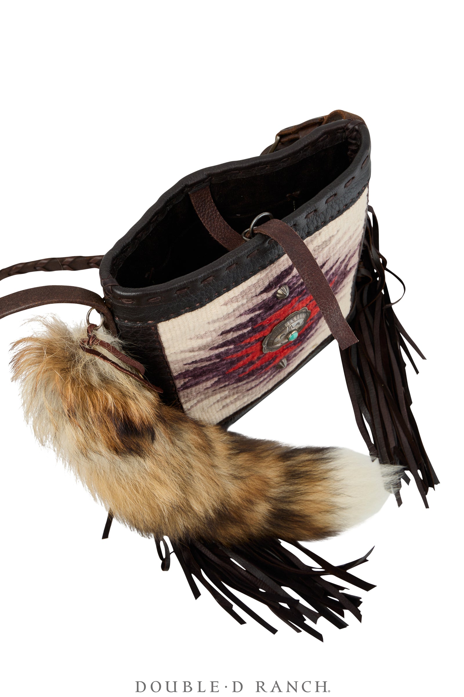 Bag, Shoulder, Navajo Rug With Fur Tail, Sterling Silver Concho, J Augur, Vintage, 1477