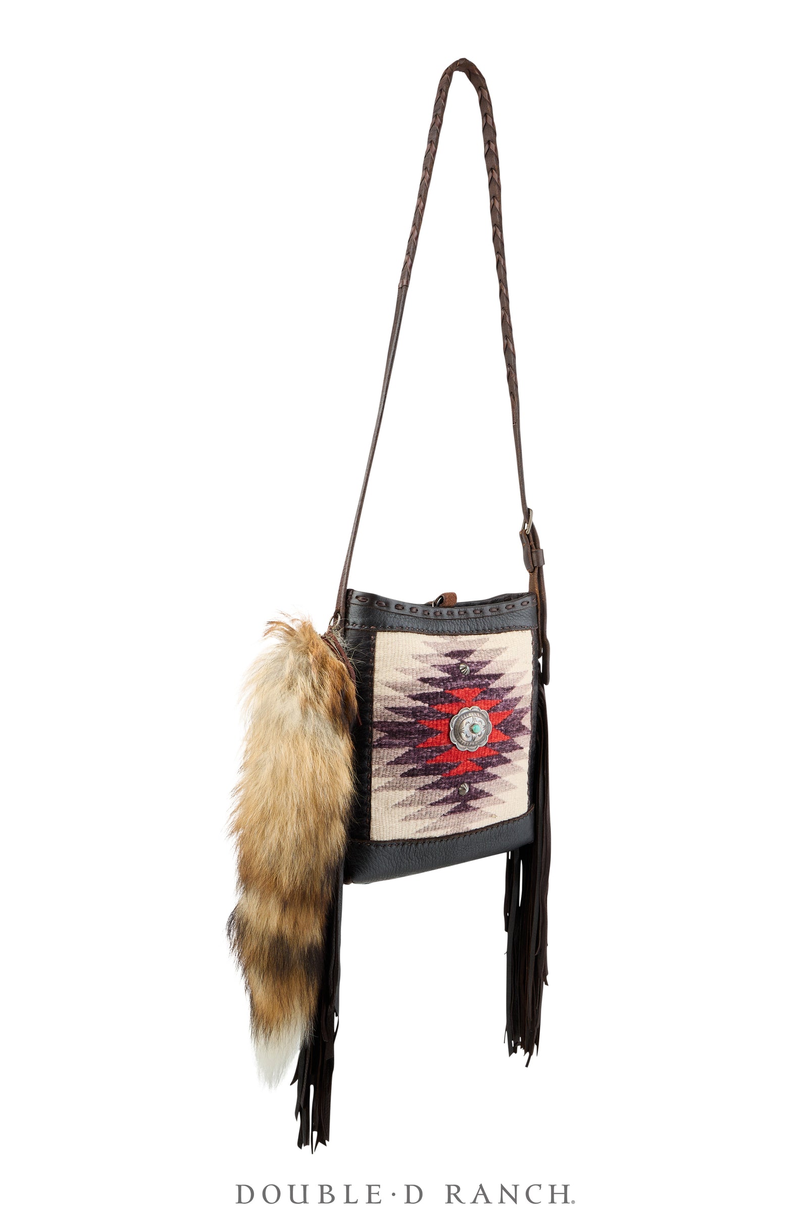 Bag, Shoulder, Navajo Rug With Fur Tail, Sterling Silver Concho, J Augur, Vintage, 1477