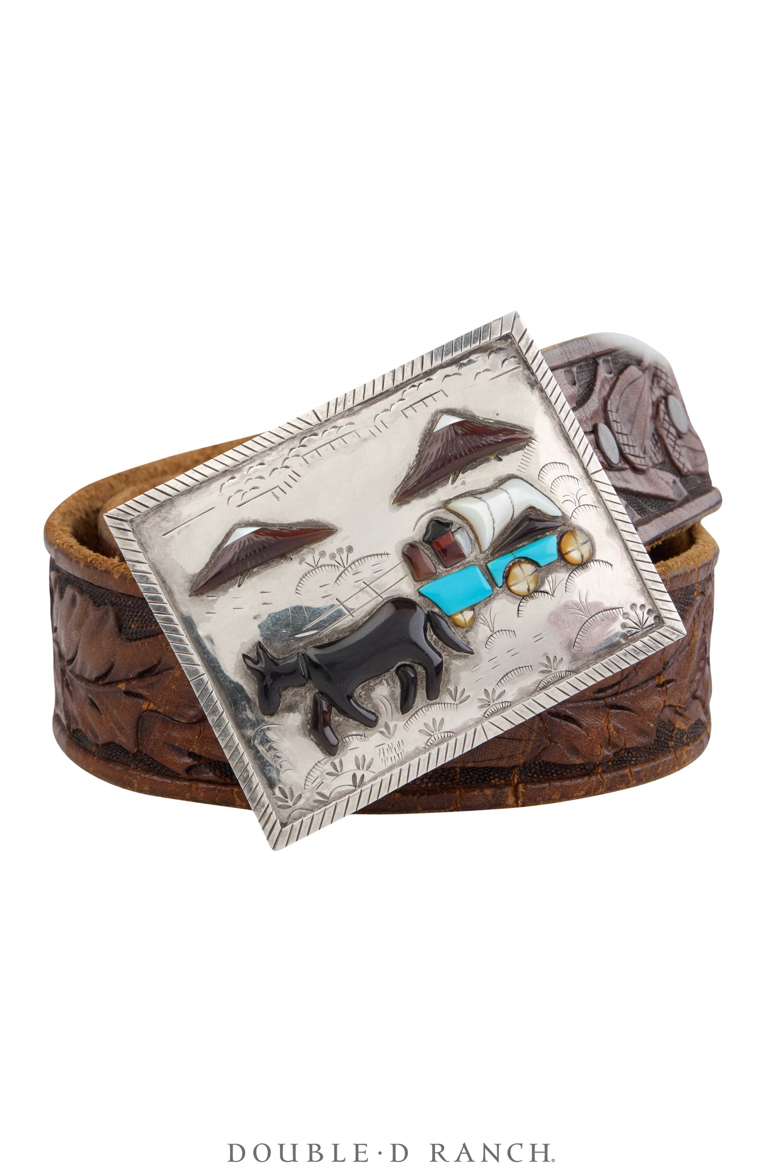 Belt, A Vintage, Buckle, Inlay, Mixed Stones, Covered Wagon Scene, Upcycled, Vintage, 967