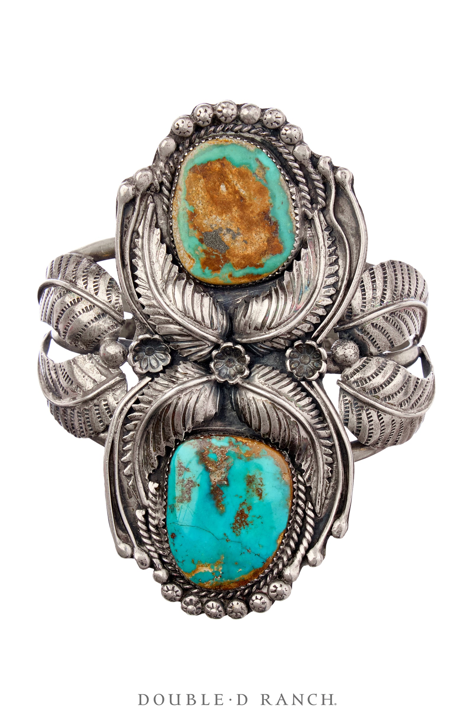 Cuff, Appliqué, Turquoise, Double Stone With Leaf Appliqué, Vintage 70s, 3954