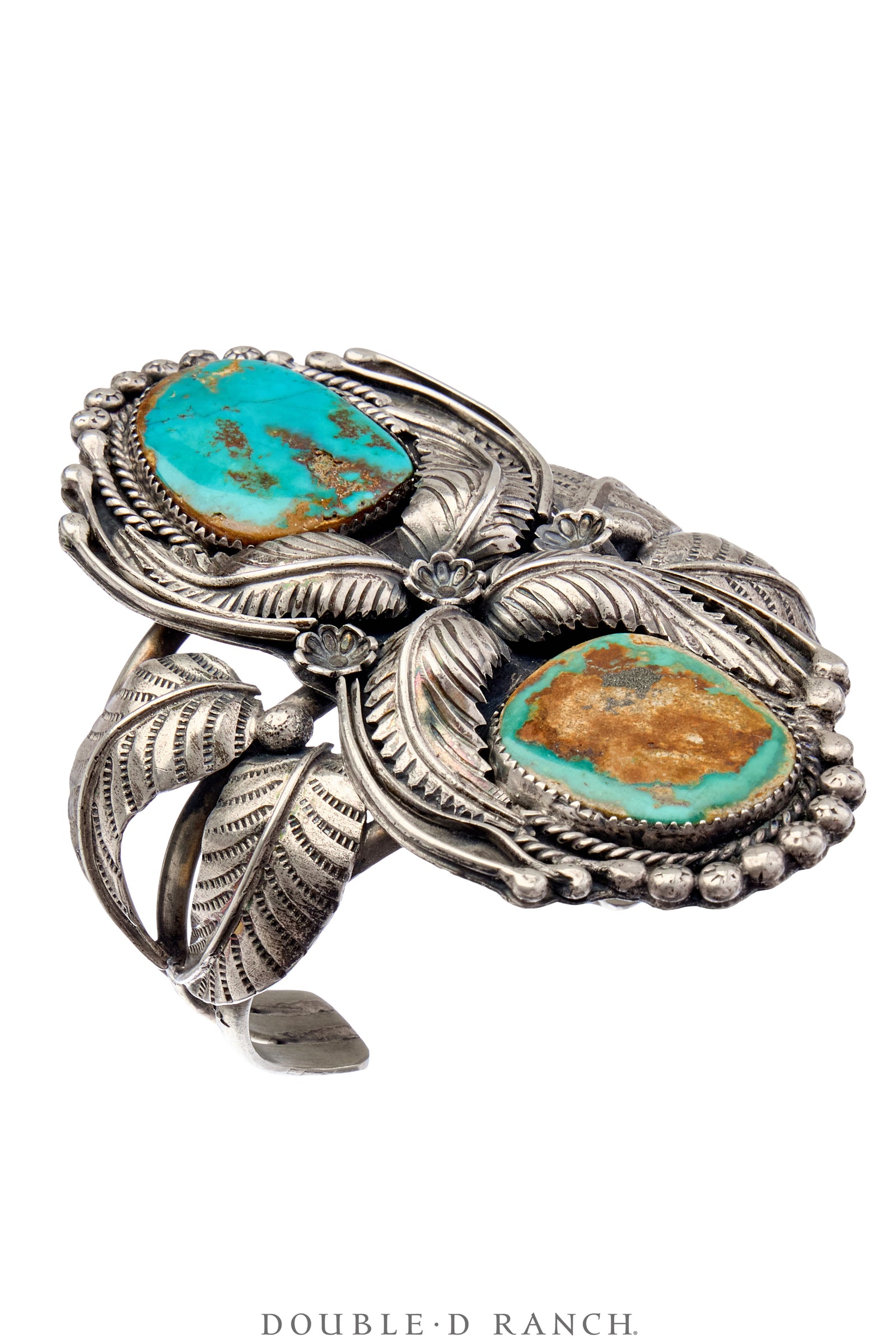 Cuff, Appliqué, Turquoise, Double Stone With Leaf Appliqué, Vintage 70s, 3954