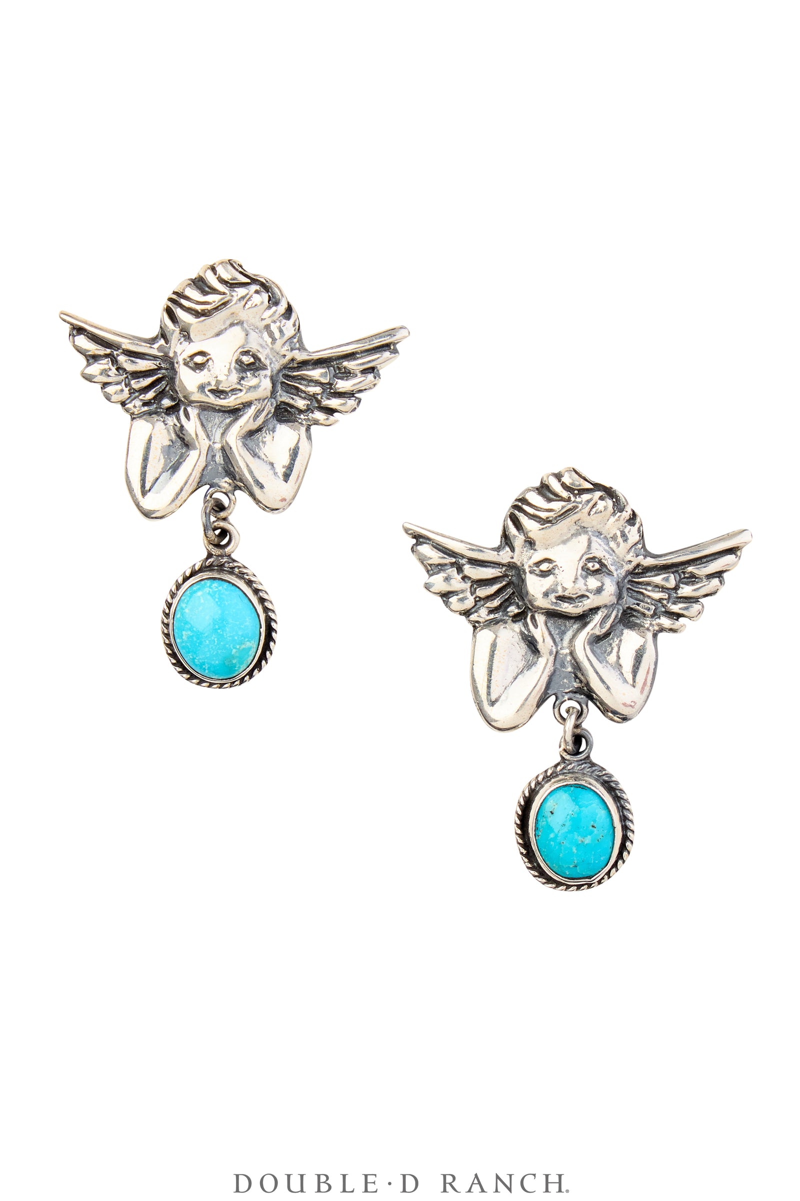 Earrings, Federico, Drop, Turquoise & Sterling Silver, Cherubs, Hallmark, Contemporary, 1910