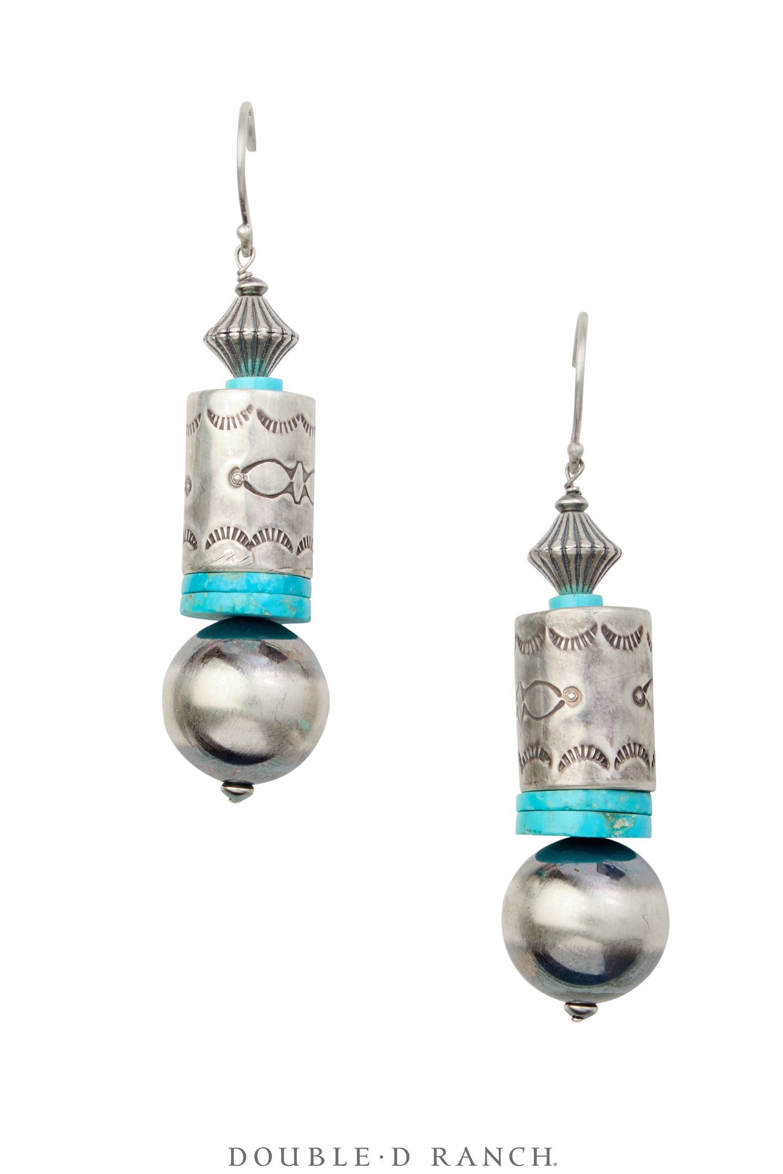 Earrings, Repurposed, Turquoise, Stamp Work Tube Beads, Contemporary, 1855