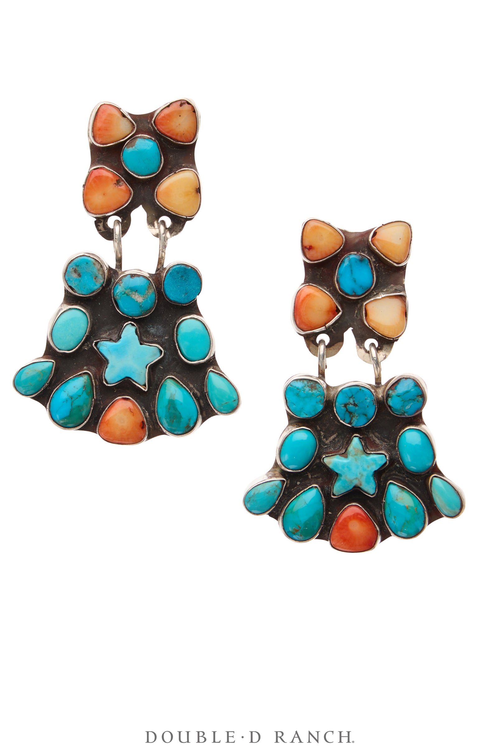 Earrings, Oscar Betz, Fan, Turquoise, Orange Spiny Oyster, Hallmark, Contemporary, 2052