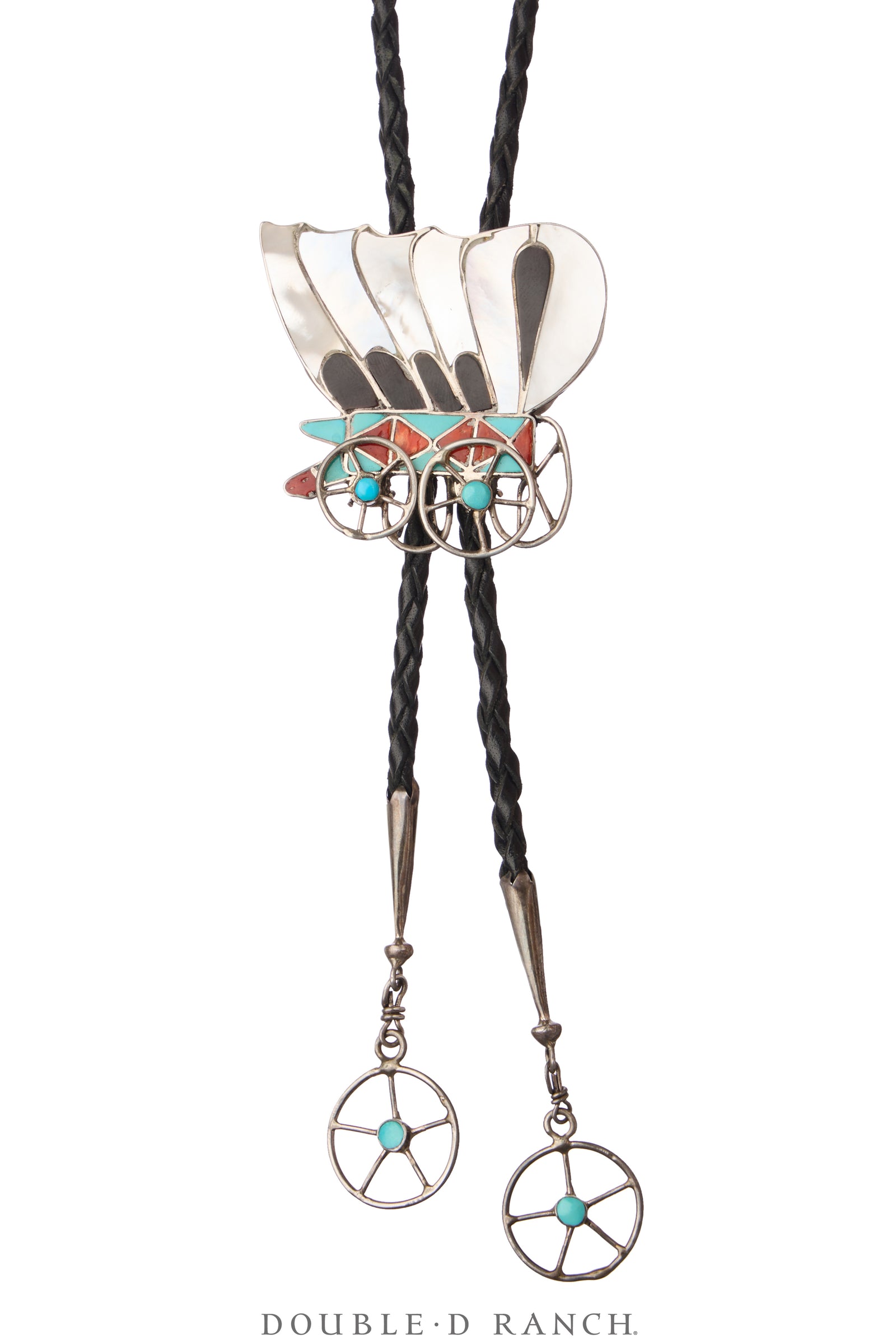 Bolo, Inlay, Mixed Stones, Conestoga Wagon with Wagon Wheel Tips, Hallmark, Vintage ‘60s, 3618