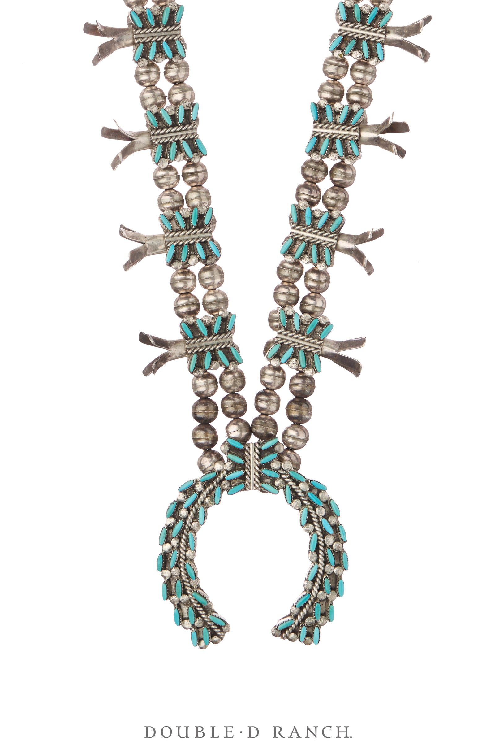 Necklace, Squash Blossom, Turquoise, Zuni Needlepoint, Vintage ‘50s, 3621