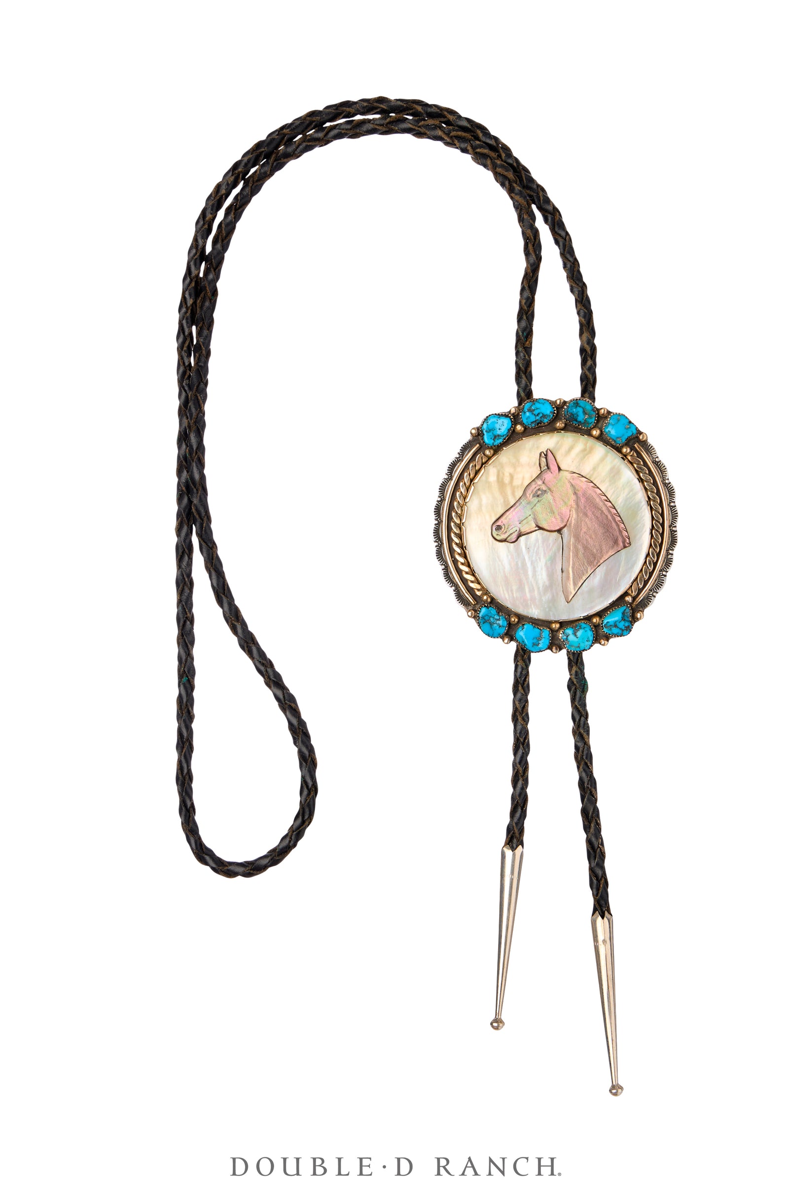 Bolo, Inlay, Turquoise With Shell, Horse Profile, Sterling Silver & 14K Gold, Hallmark, Vintage ‘70s, 3629