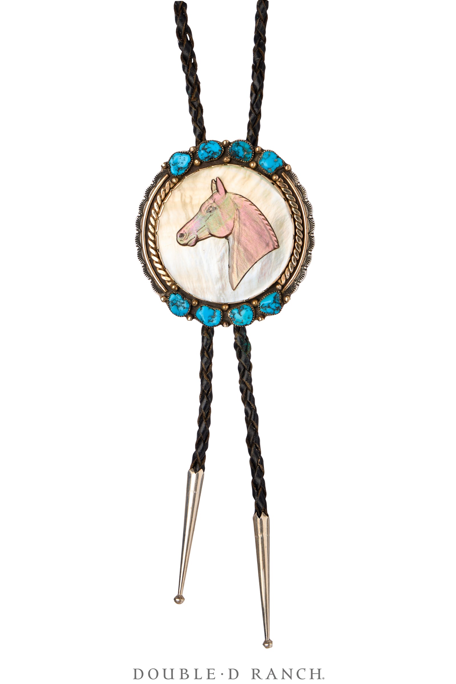 Bolo, Inlay, Turquoise With Shell, Horse Profile, Sterling Silver & 14K Gold, Hallmark, Vintage ‘70s, 3629