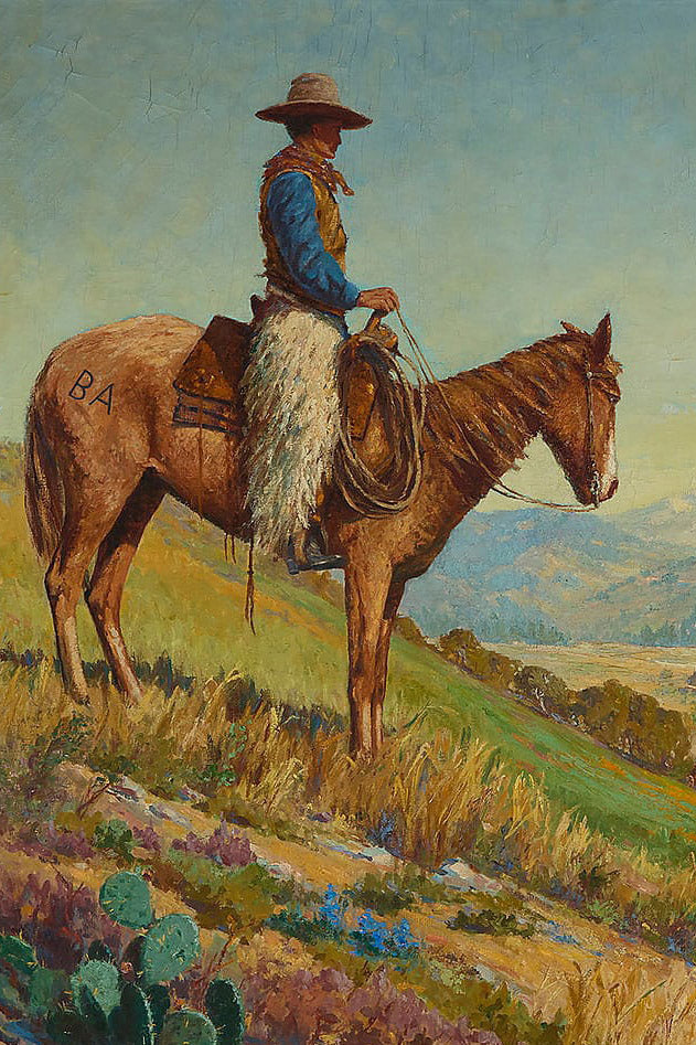 Art, Oil On Canvas, Western Genre, Cowboy On Horseback Observing a Pierce-Arrow Motorcar, Arion Putnam, Monumental, Antique, 1377