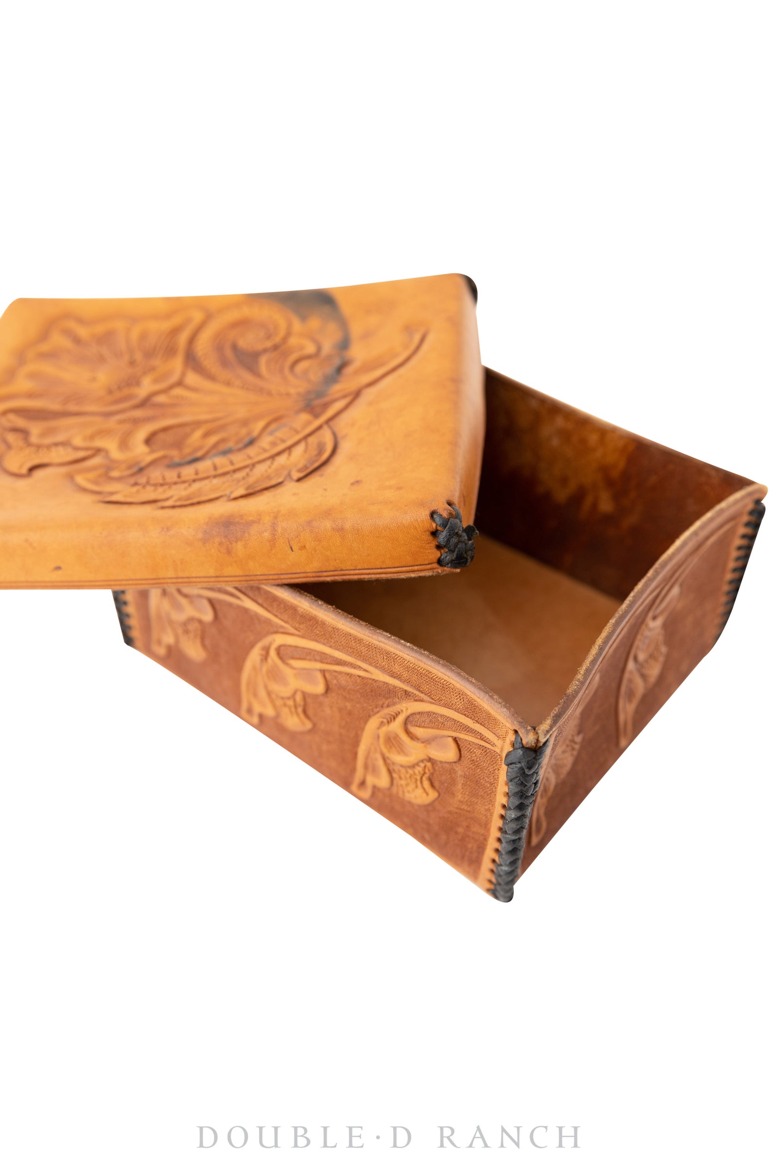 Miscellaneous, Box, Tooled Leather, Floral Design with laced Edges, Vintage ‘70s, 734