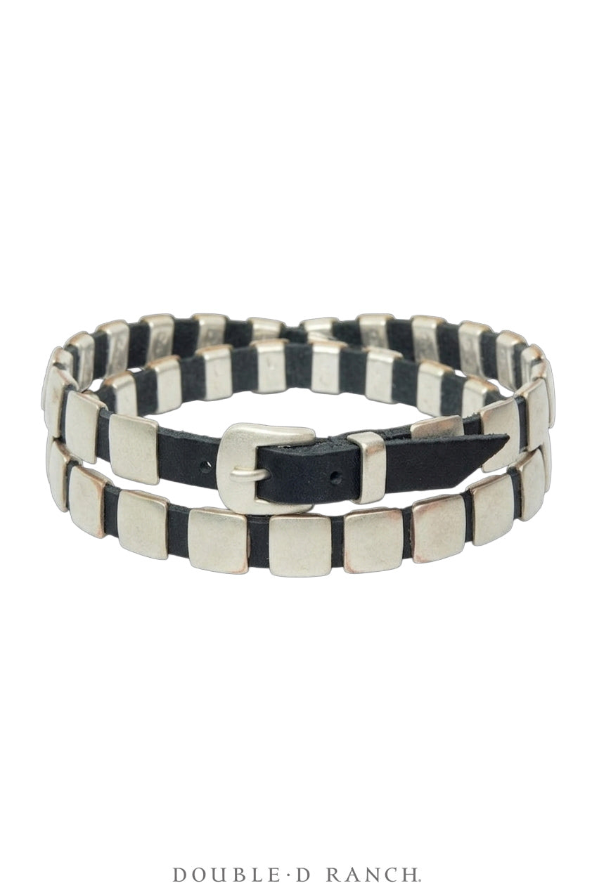 Bracelet, Leather Strap, Sterling Silver, Conchos, Double Wrap, Contemporary, 4207