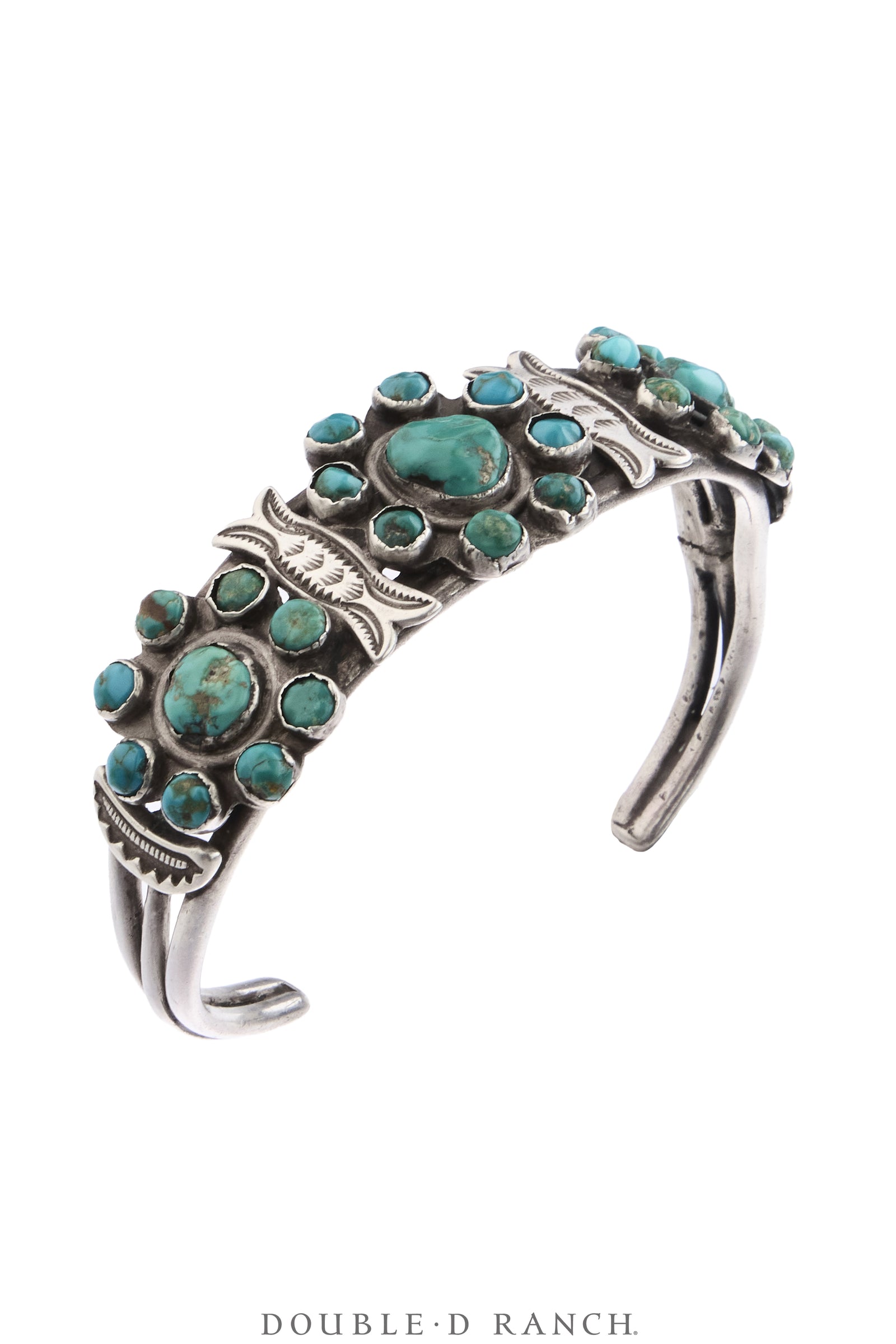 Cuff, Cluster, Turquoise, Snake Eyes Stones With Repouse Bar Spacers, Sans Hallmark, Vintage 40's, 4343