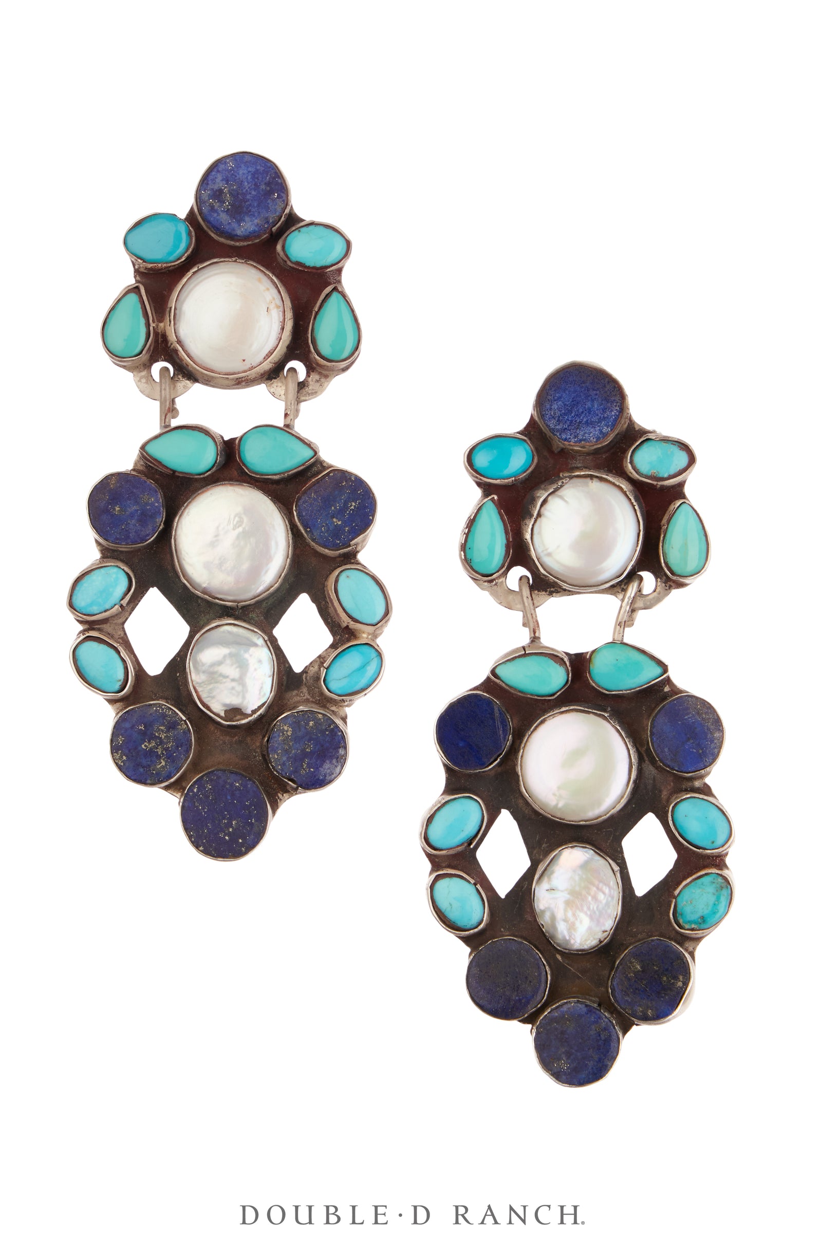 Earrings, Oscar Betz, Triangle, Turquoise, Lapis, Mother of Pearl, Hallmark, 2063B