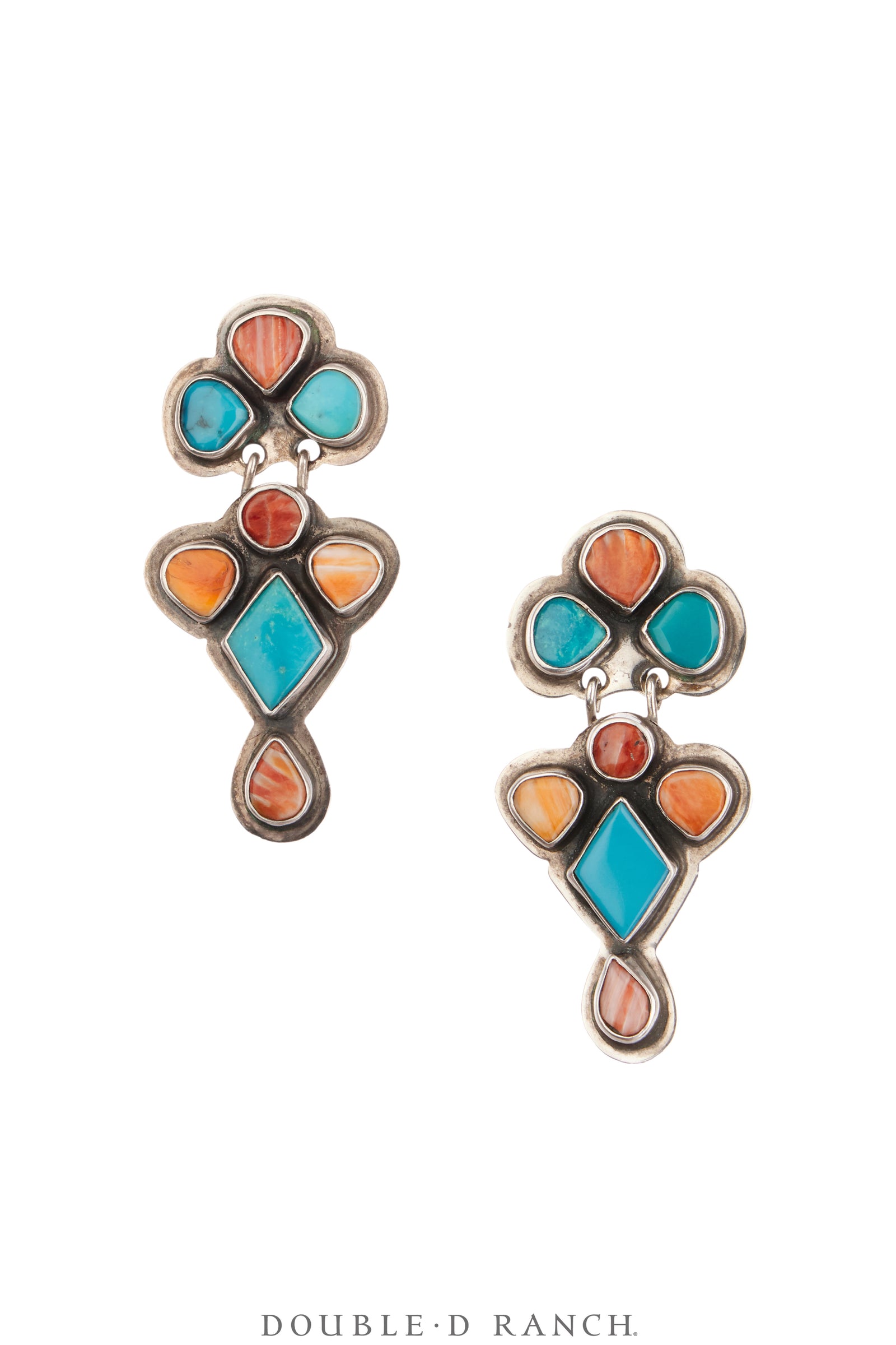 Earrings, Oscar Betz, Drops, Turquoise & Orange Spiny Oyster, Potosi Hallmark, Vintage, 2156