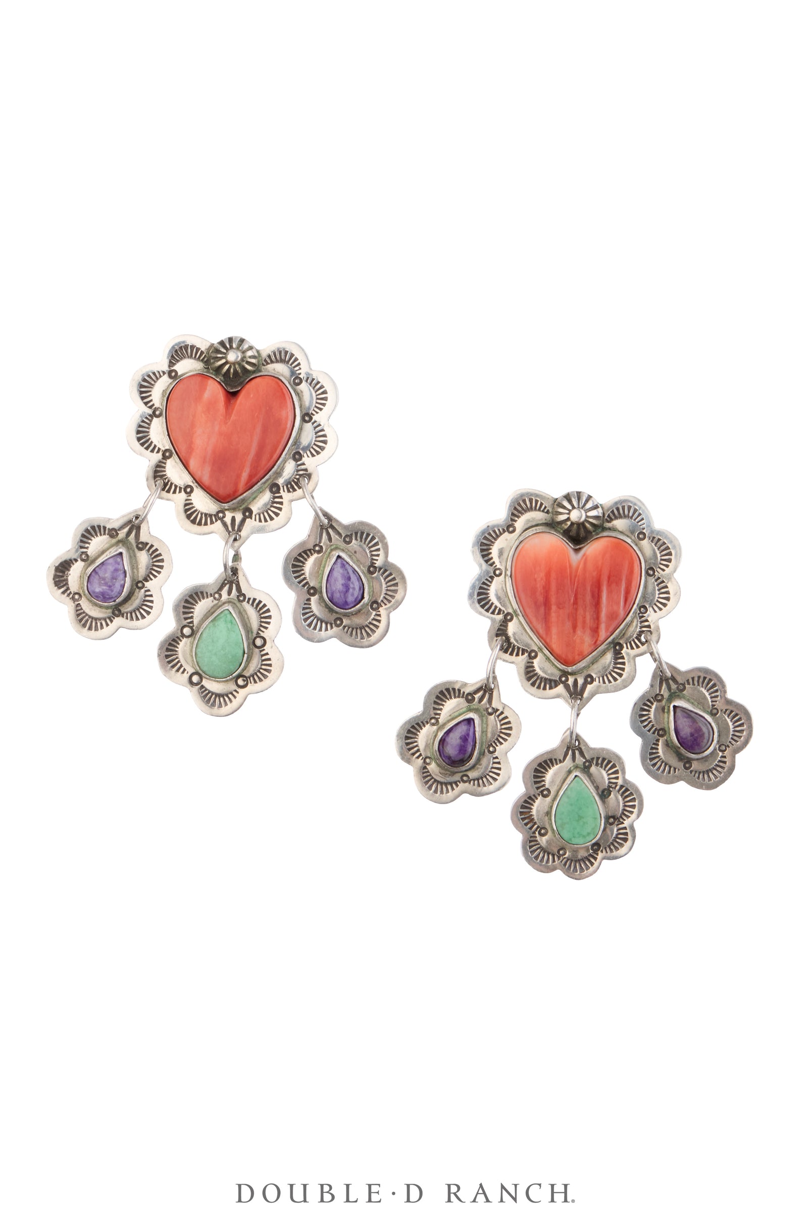 Earrings, Novelty, Orange Spiny Oyster & Other Mixed Stones, Hearts, Hallmark, Vintage, 2225