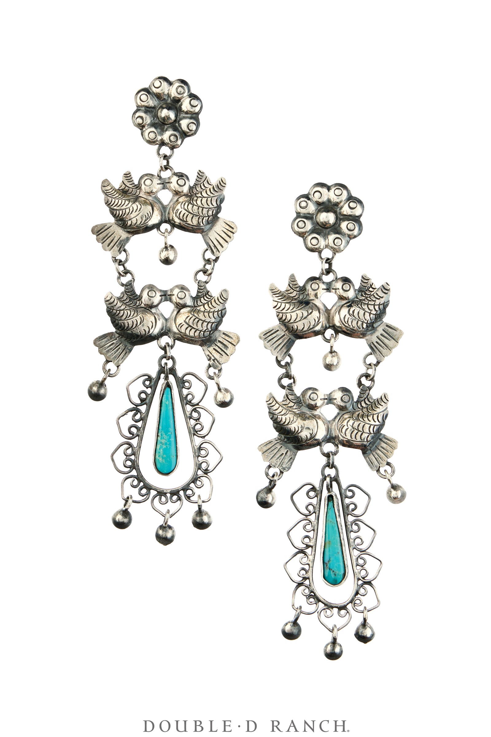 Earrings, Federico, Mazahua, Turquoise & Sterling Silver, Doves, Hallmark, Contemporary, 2333