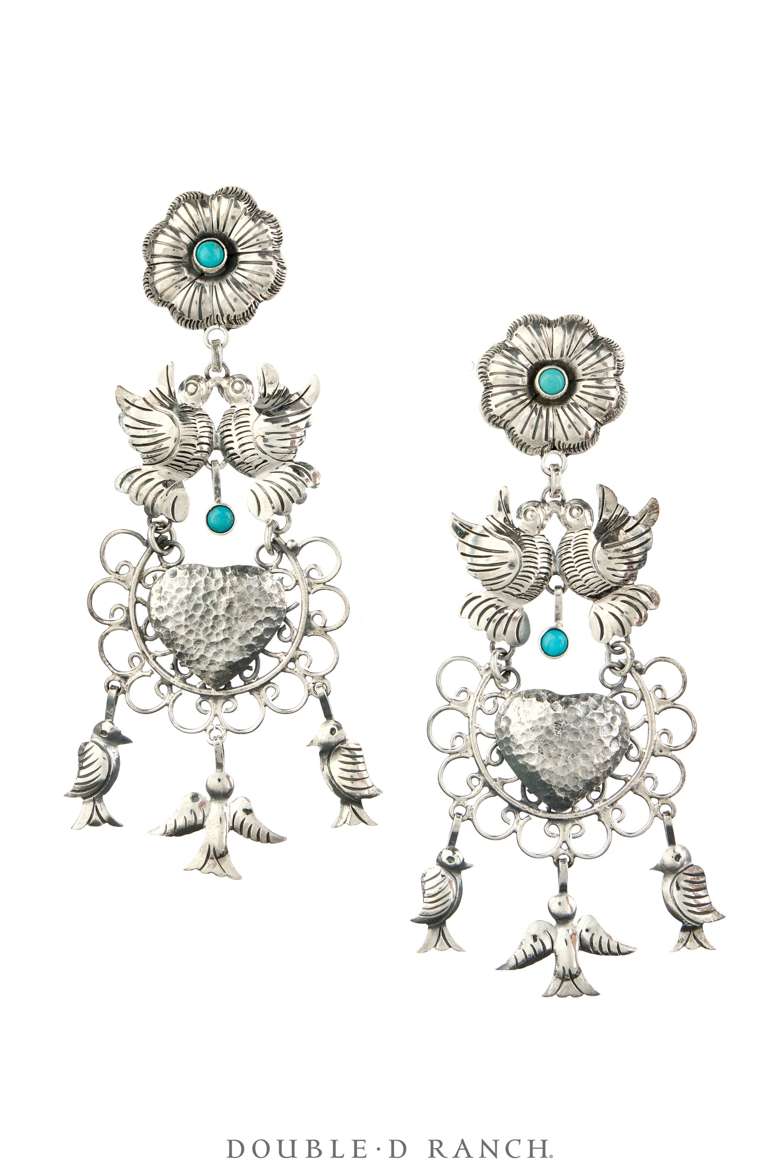 Earrings, Federico, Mazahua, Turquoise & Sterling Silver, Doves, Hallmark, Contemporary, 2334