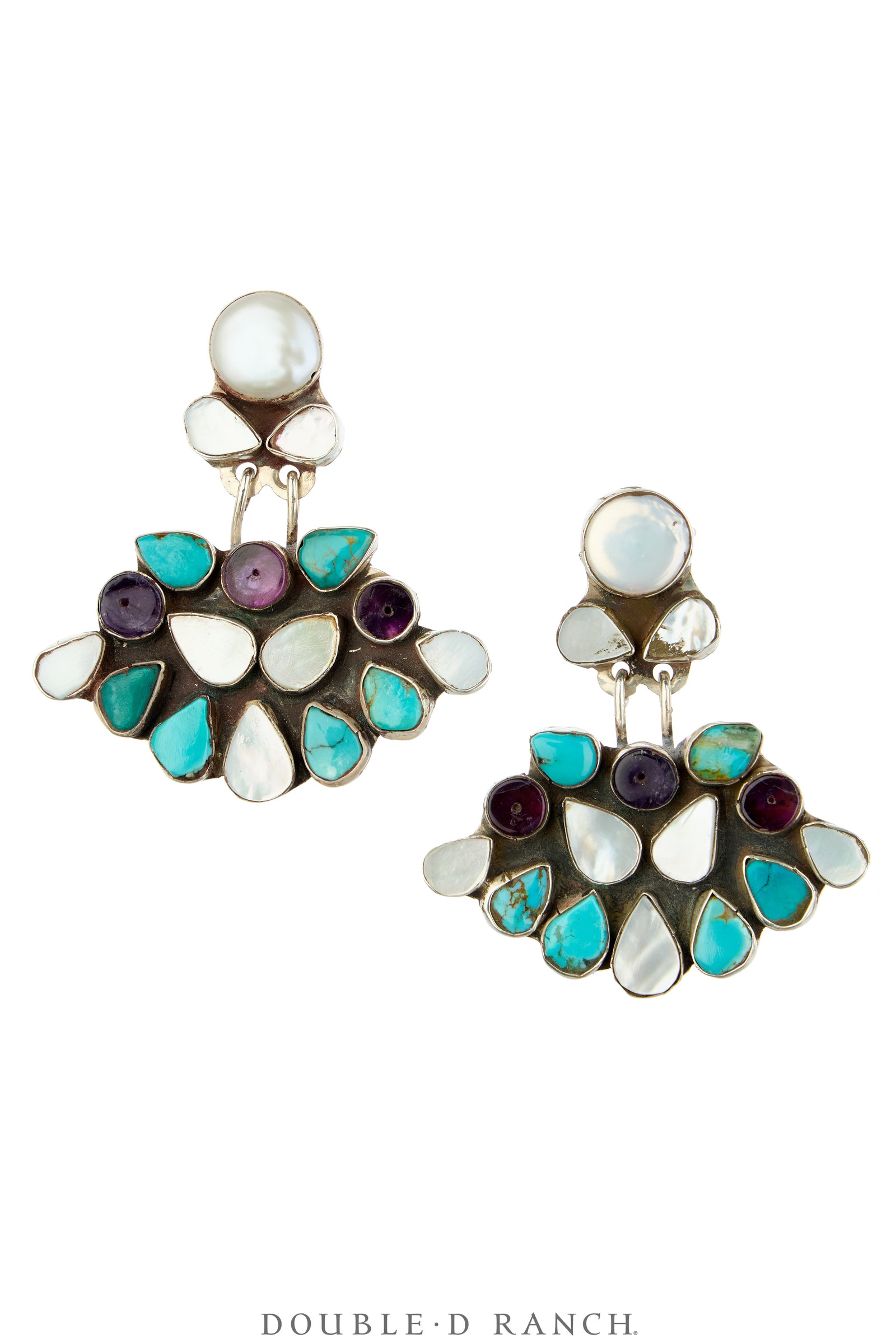 Earrings, Oscar Betz, Fan, Turquoise, Fresh Water Pearl & Amethyst, Hallmark, Contemporary, 2340