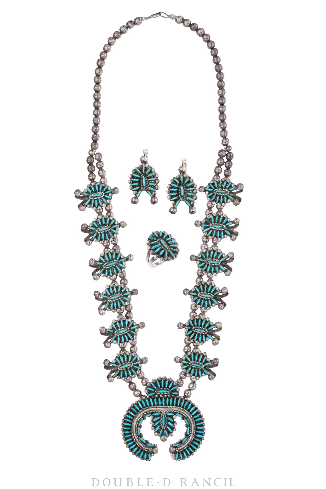 Necklace, Squash Blossom, Turquoise, Matching Set of Earrings, & Ring, Vintage, 3764