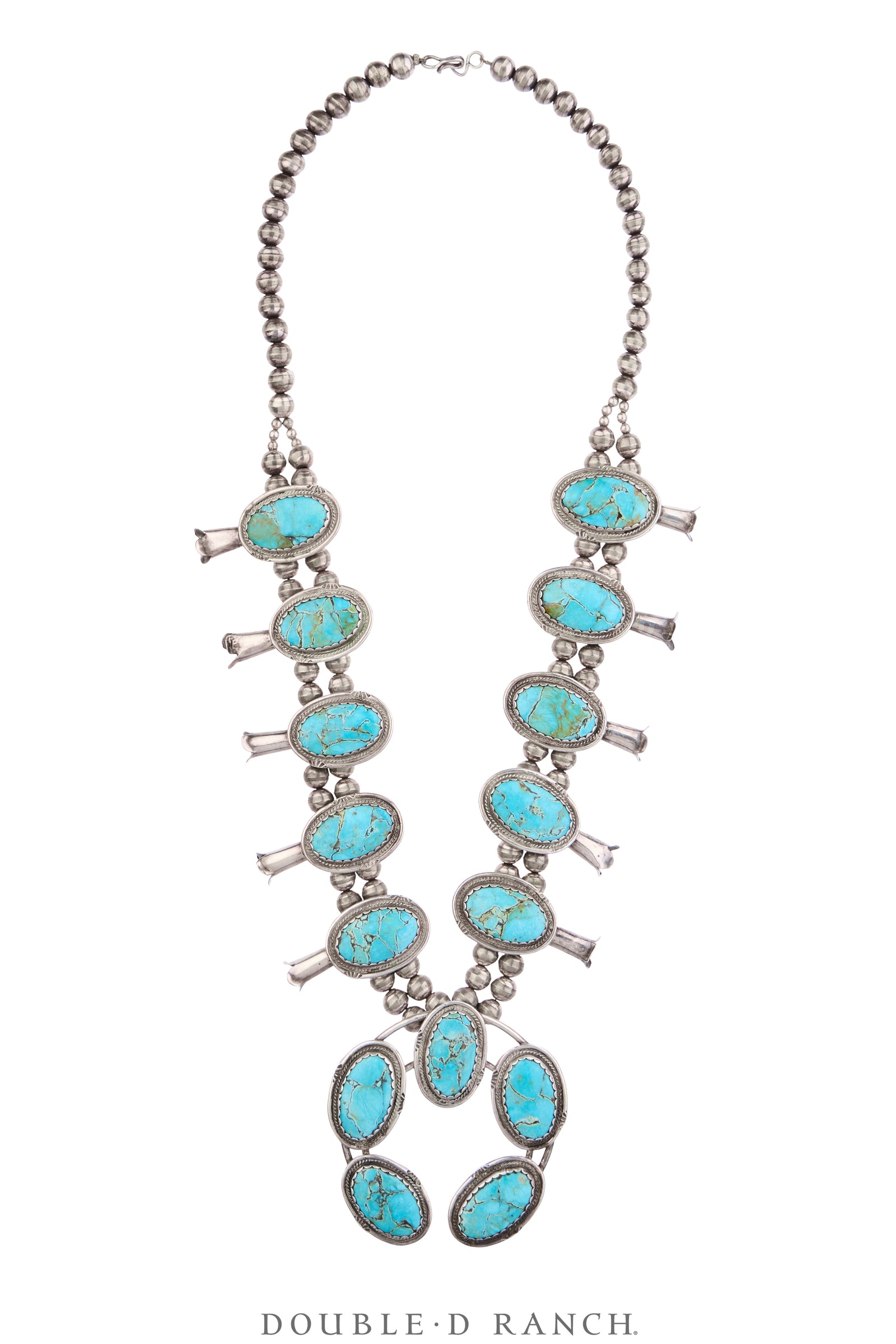 Necklace, Squash Blossom, Turquoise, Quality Matched Stones, Hallmark, Estate, Vintage, 3826