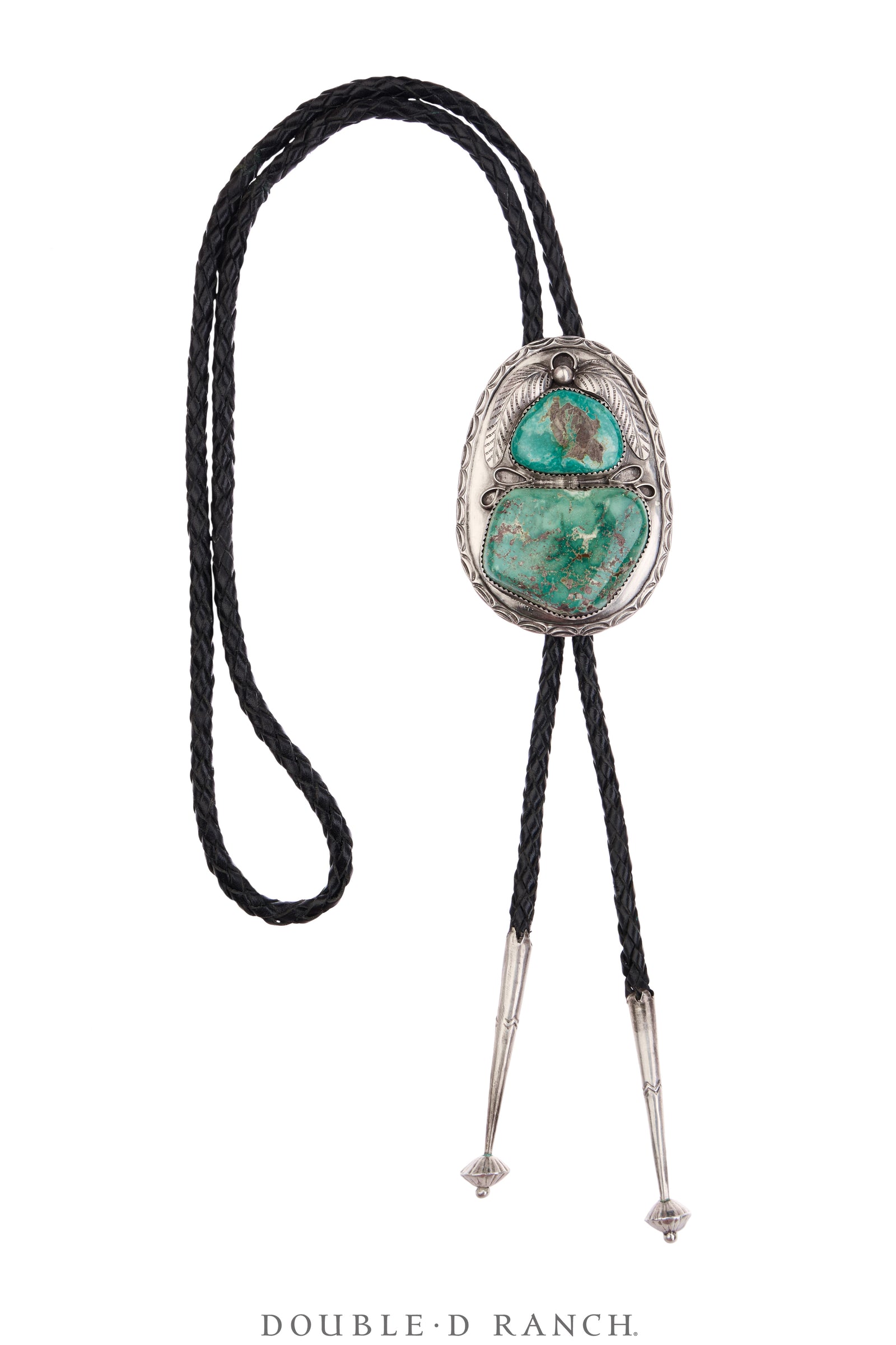 Bolo, Natural Stone, Turquoise, Double Stone with Leaf Appliqué, Hallmark, Vintage, 3835