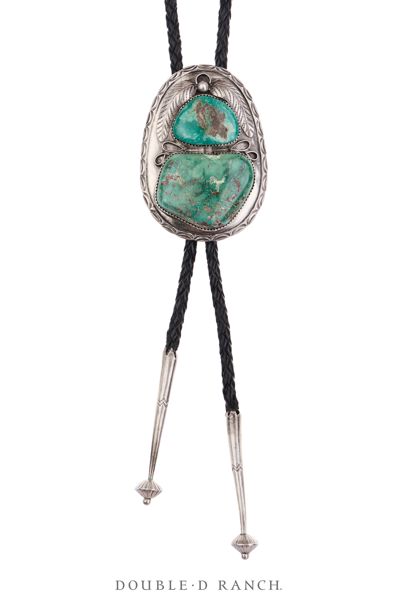 Bolo, Natural Stone, Turquoise, Double Stone with Leaf Appliqué, Hallmark, Vintage, 3835
