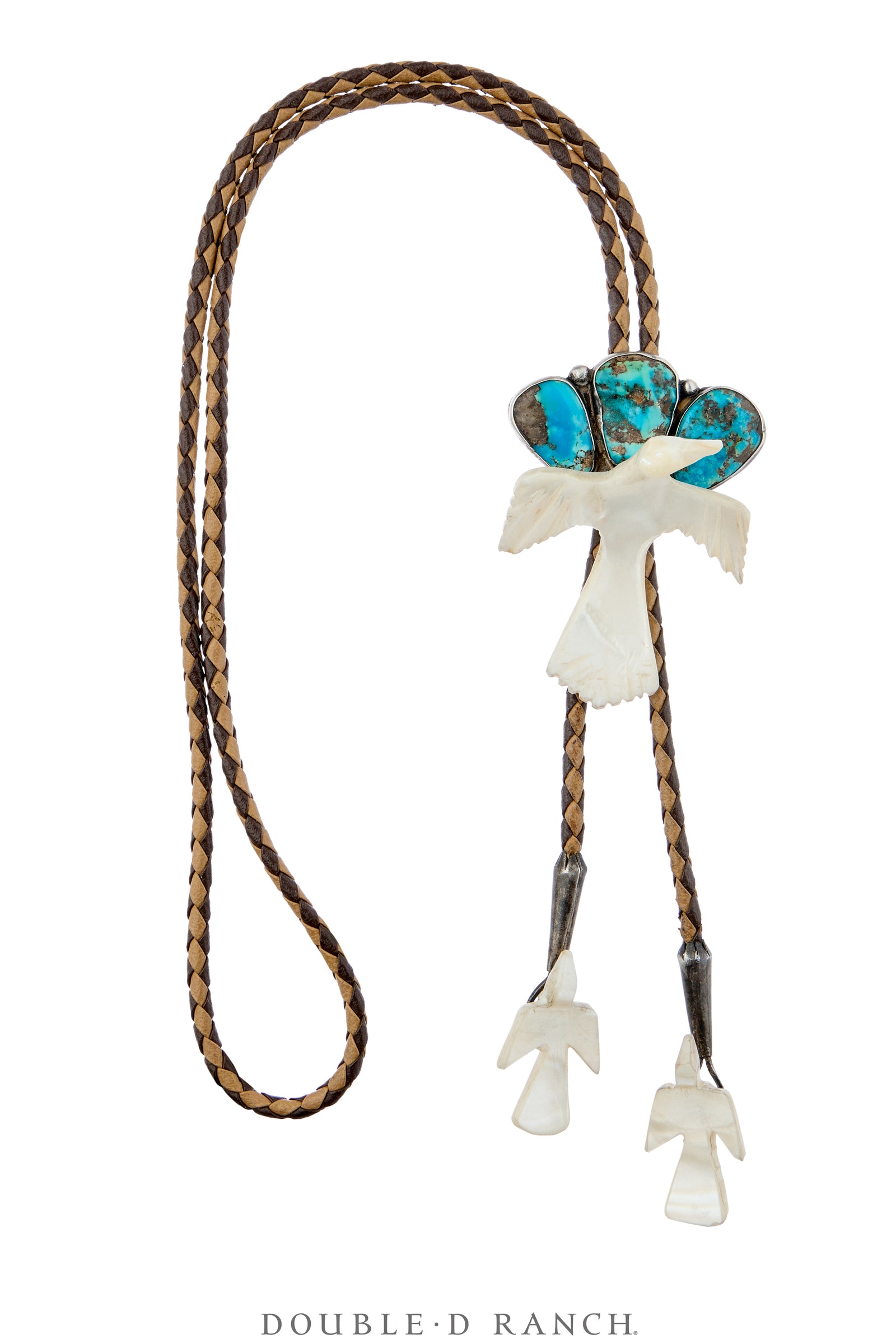 Bolo, Novelty, Turquoise With Mother of Pearl Doves, Santo Domingo, Vintage ‘70s, 3913