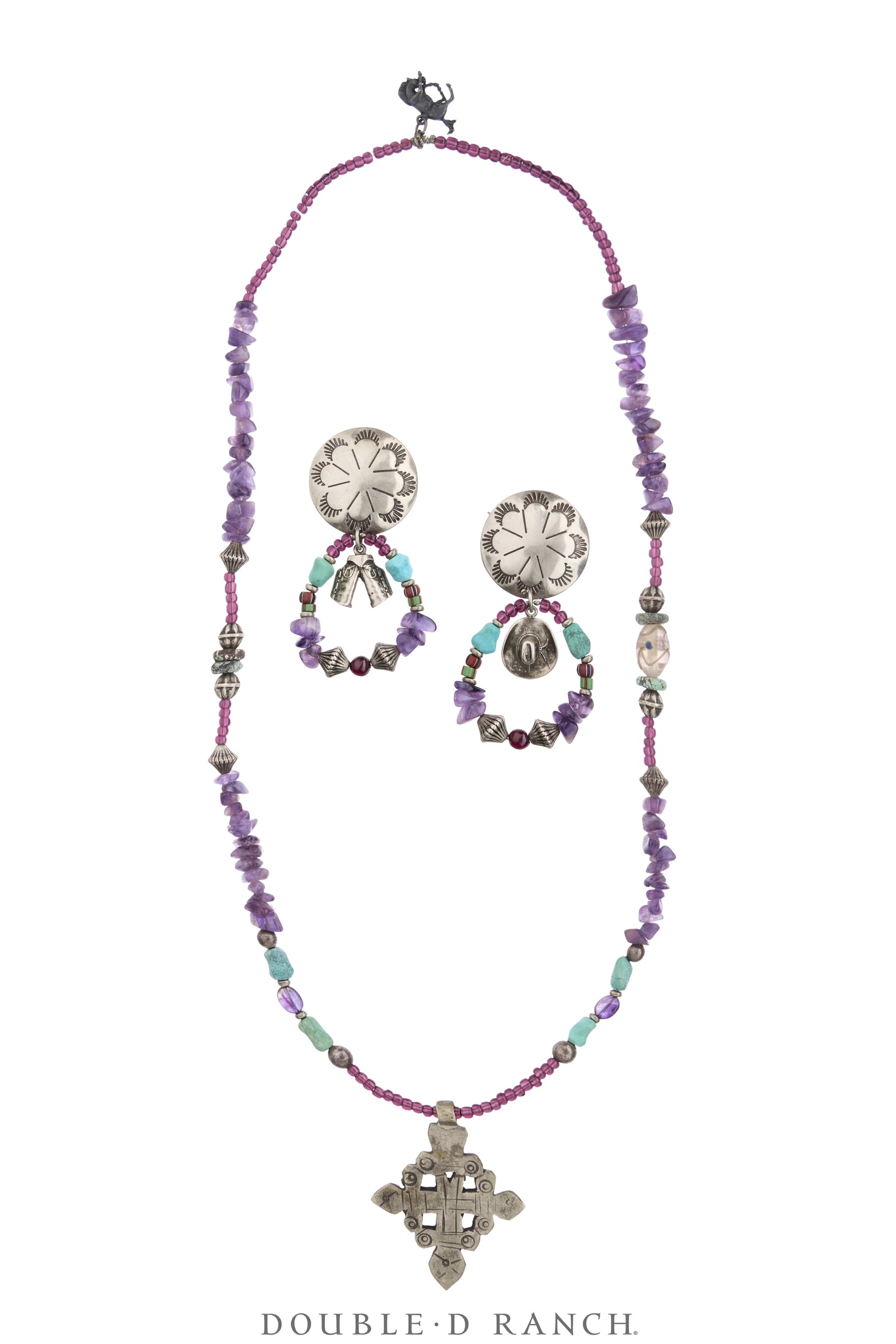 Necklace, Natural Stone, Bead, Amethyst & Turquoise With Sterling Charms, With Matching Earrings, Double D Ranch Fall Collection 1993, Vintage, Archive Release, 3952