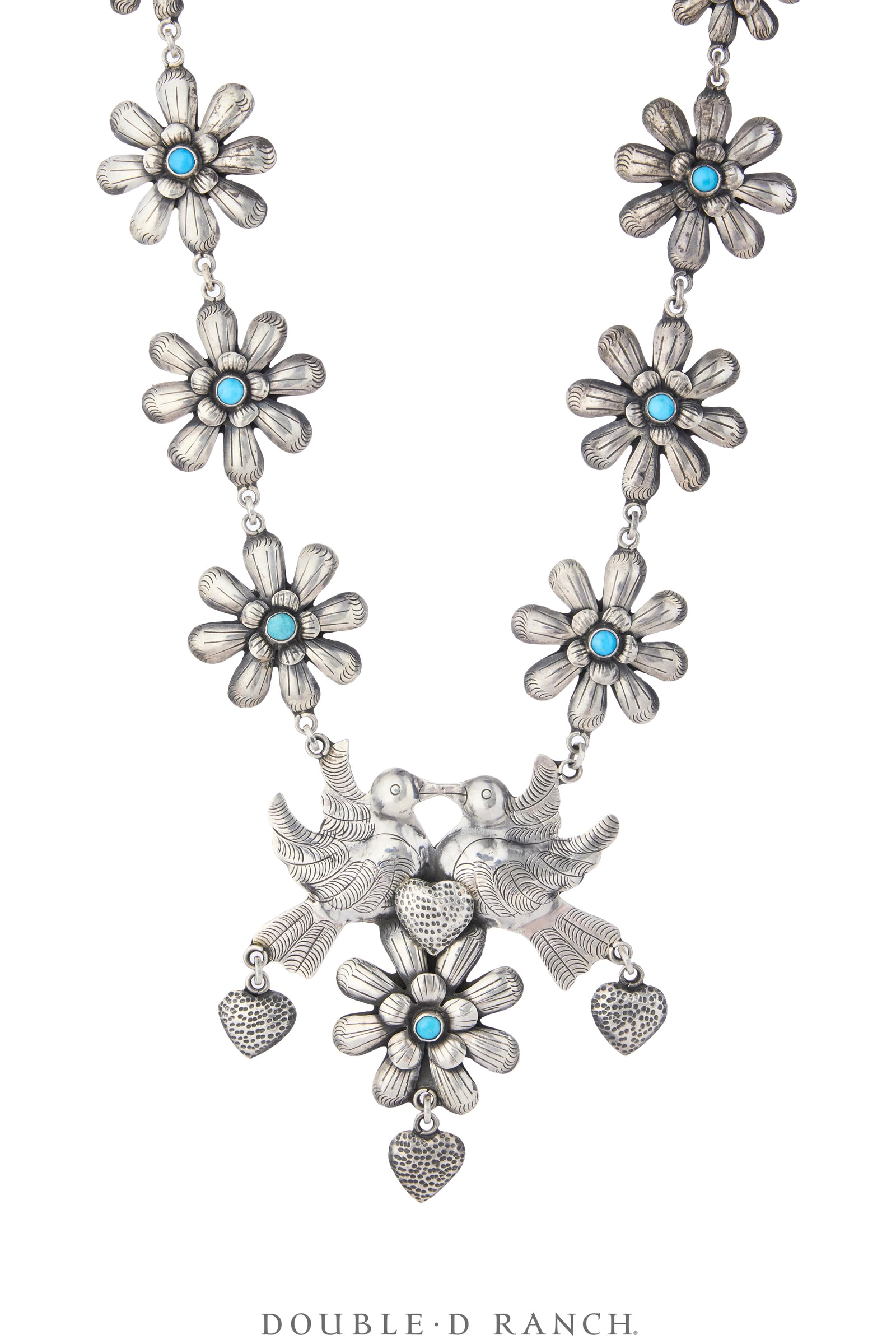 Necklace, Federico, Squash Blossom, Turquoise & Sterling Silver, Mazahua Styled Doves, Hallmark, Vintage, 3978
