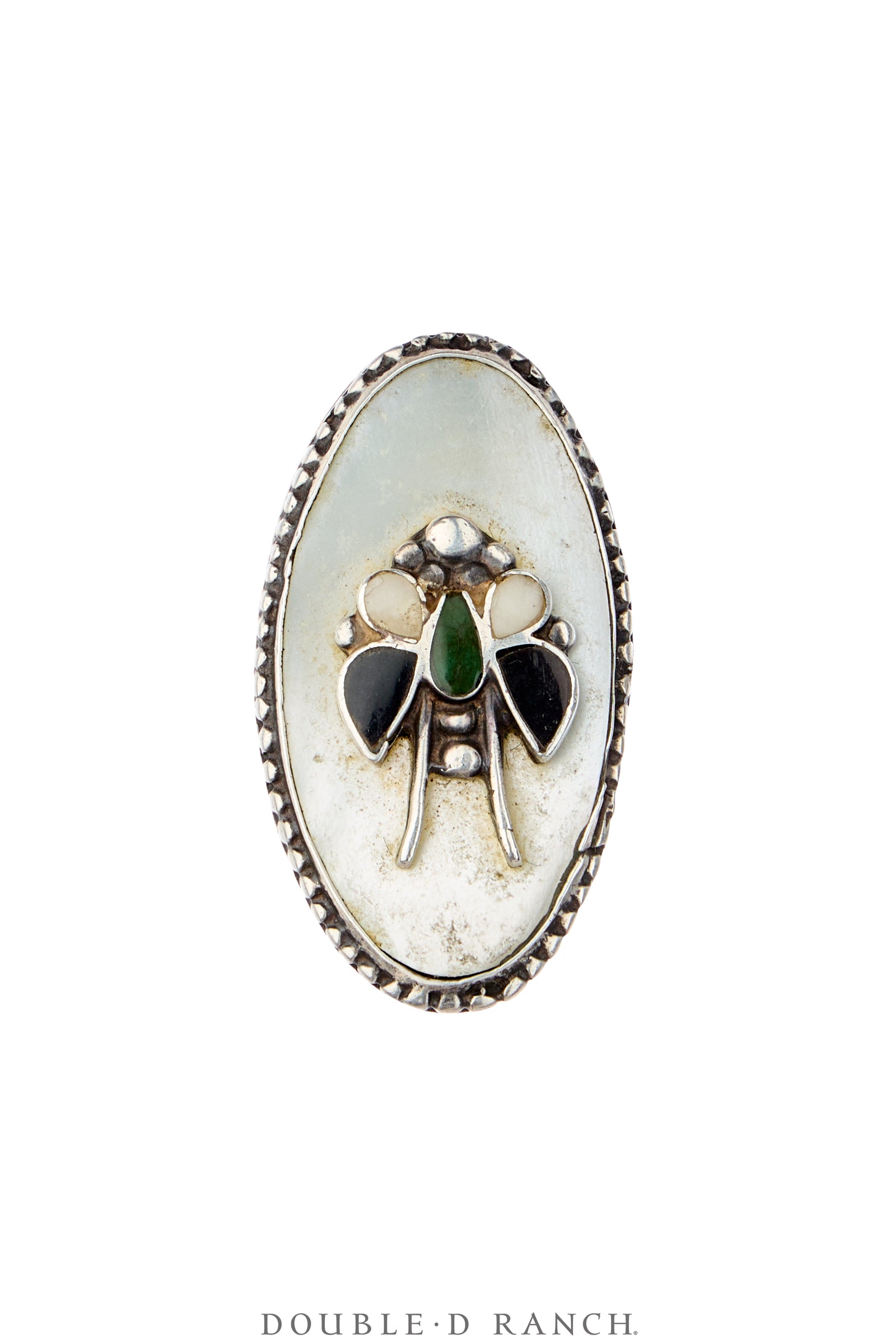 Ring, Inlay, Mother of Pearl & Onyx, Bee, Vintage 5.5, 2133