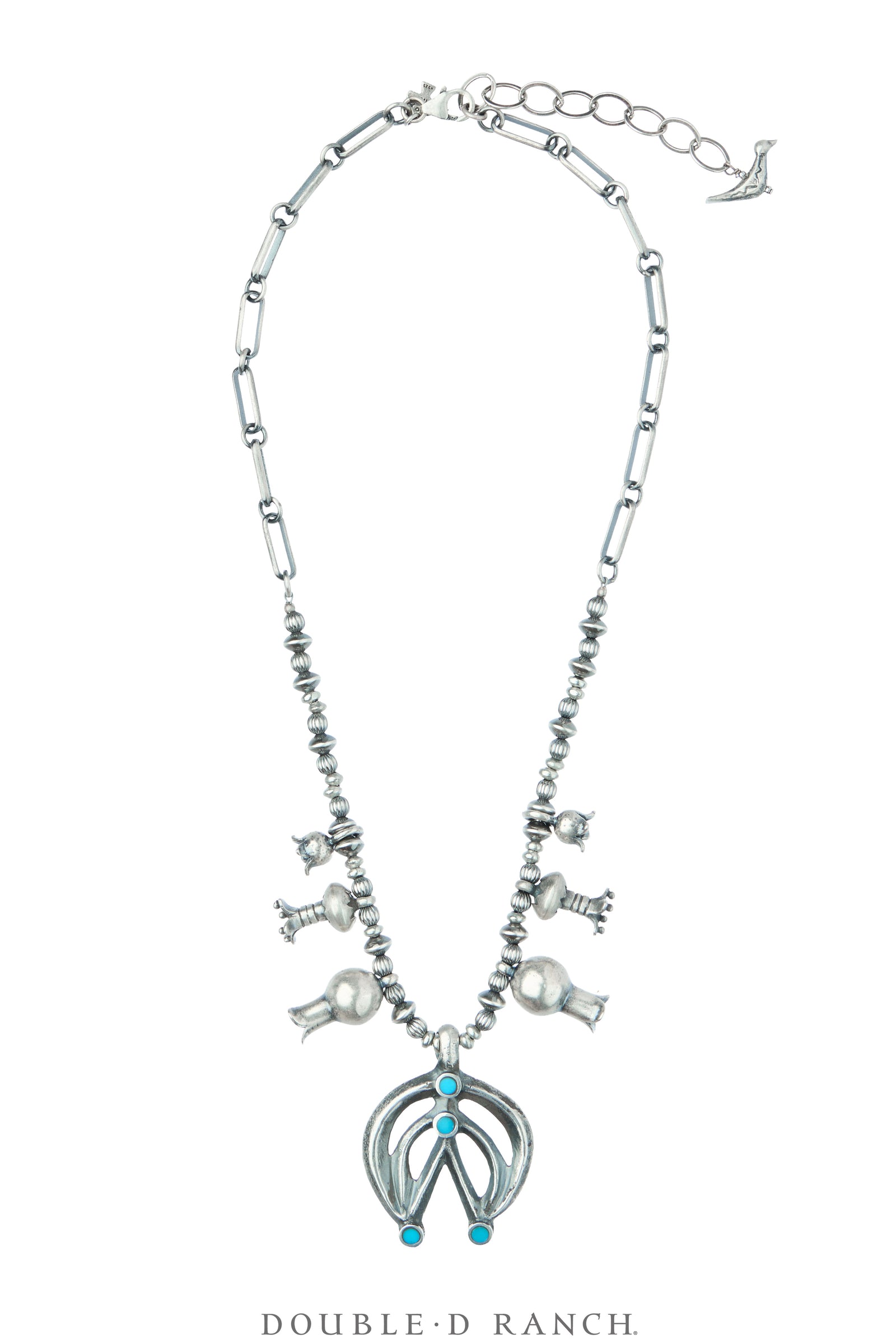 Necklace, Squash Blossom, Sterling Silver With Turquoise Inlay, Vintage, 3820