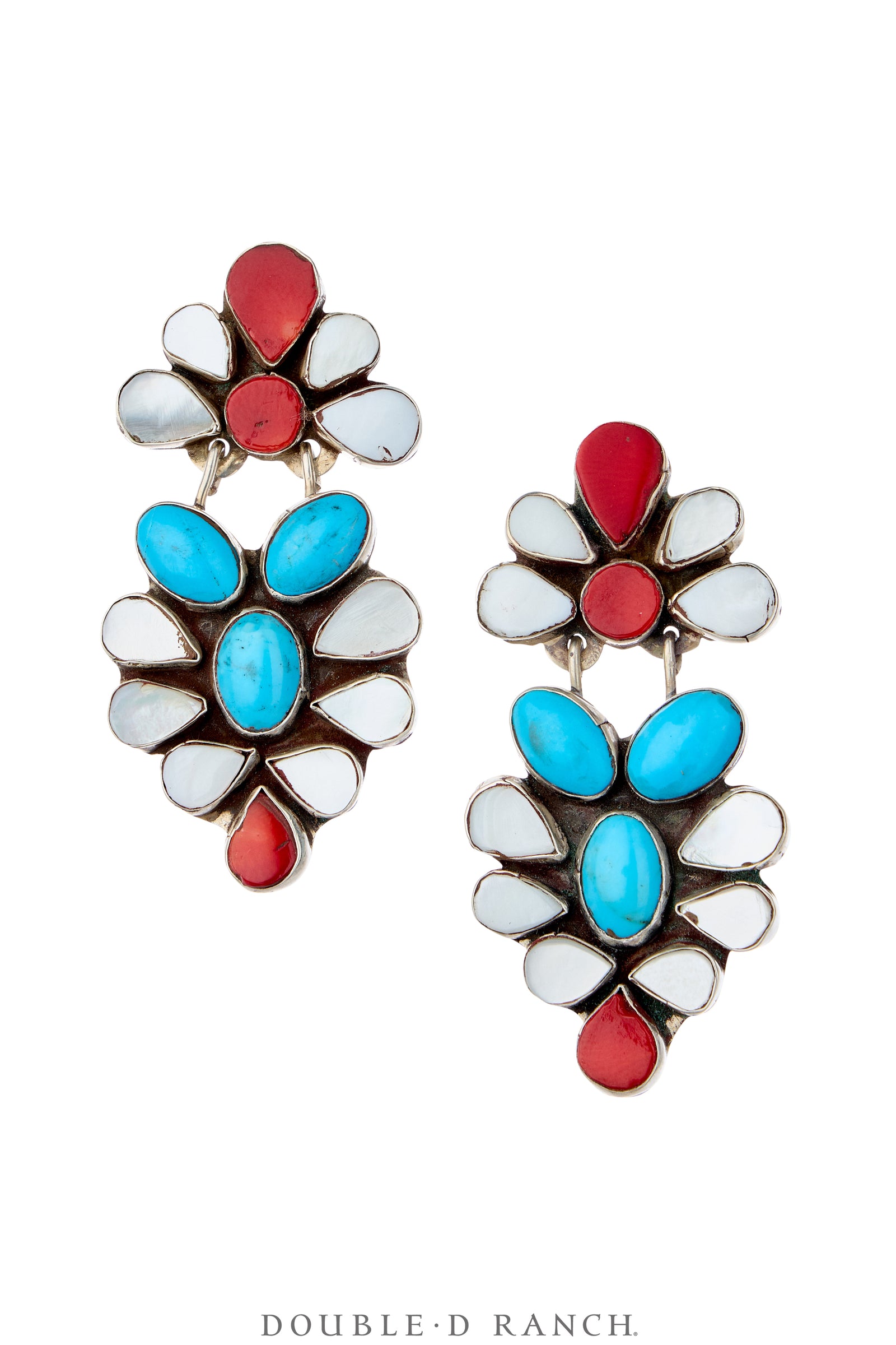 Earrings, Oscar Betz, Chandelier, Turquoise, Mother of Pearl, Coral, Hallmark, Contemporary, 2355