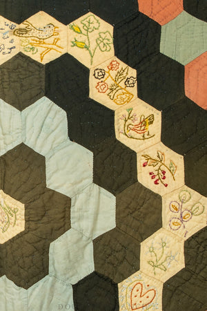 Home, Textile, Quilt, Hexagon Honeycomb Patch with Embroidery, late 19th Century, 111