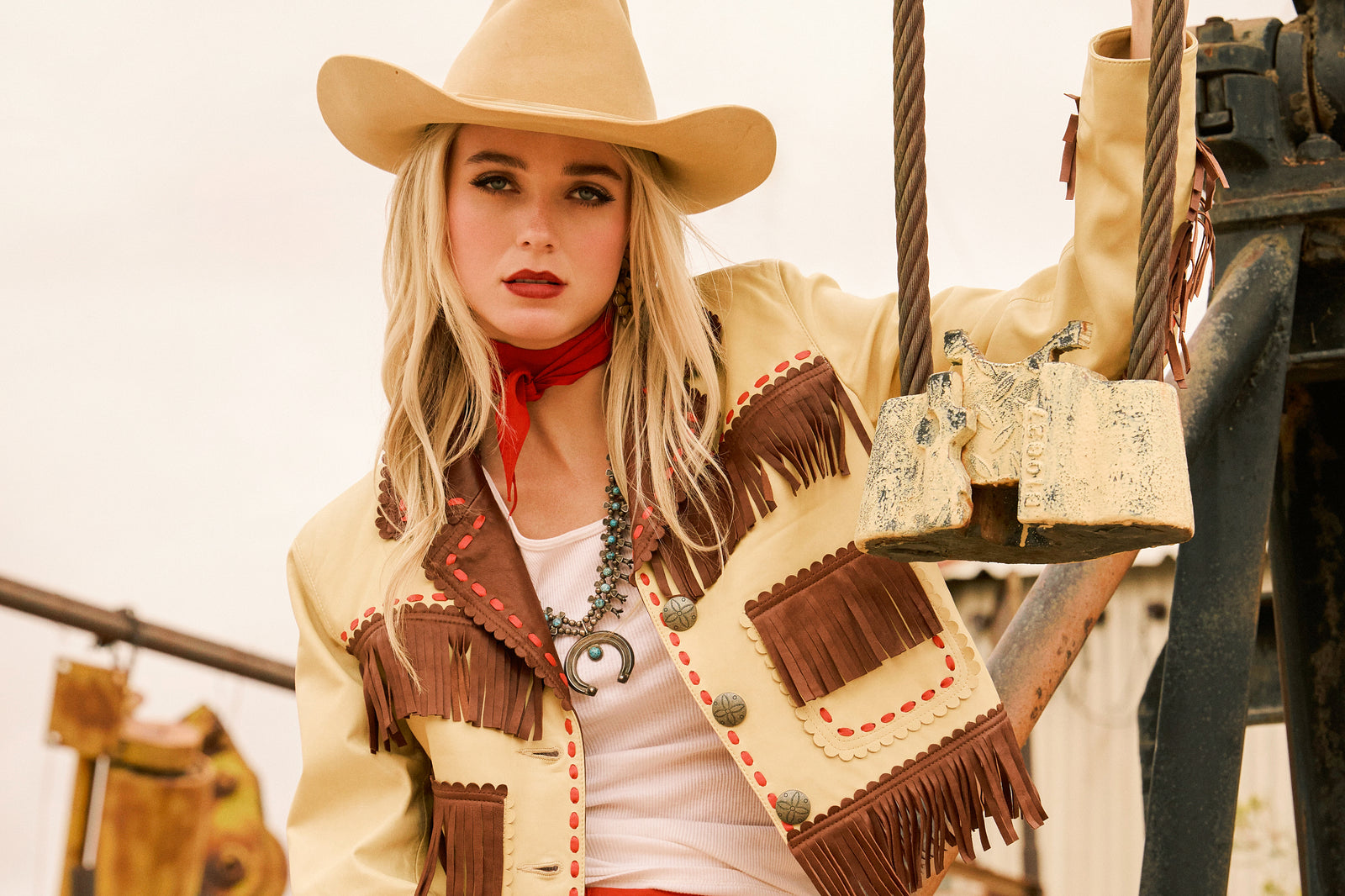 Haley wearing the Roustabout Jacket with vintage Double D Ranch jewelry and accessories.