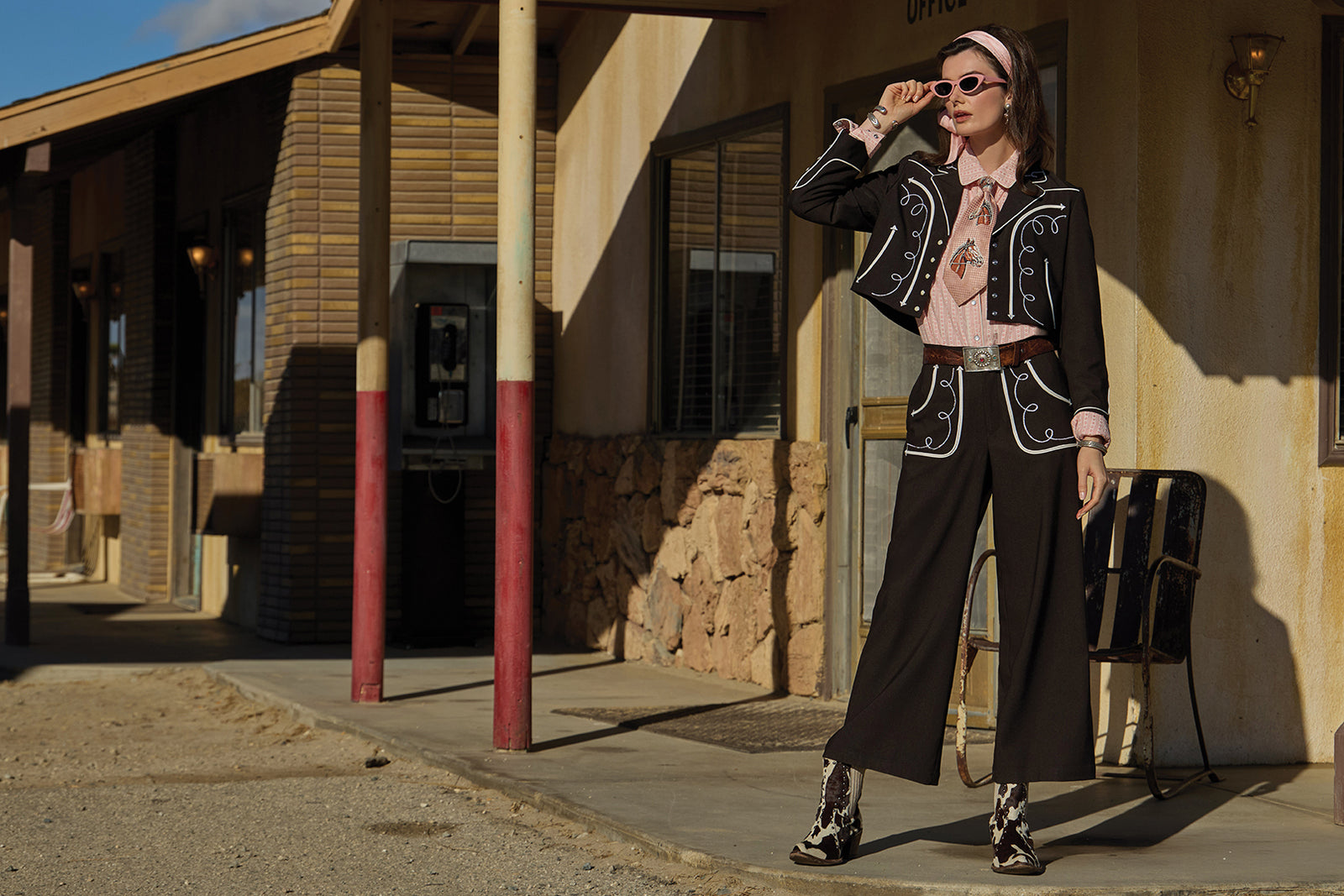 Rag Proper Suit with the Cassidy Top, Vintage Tie, Chisholm Trail Boots, and vintage accessories. 