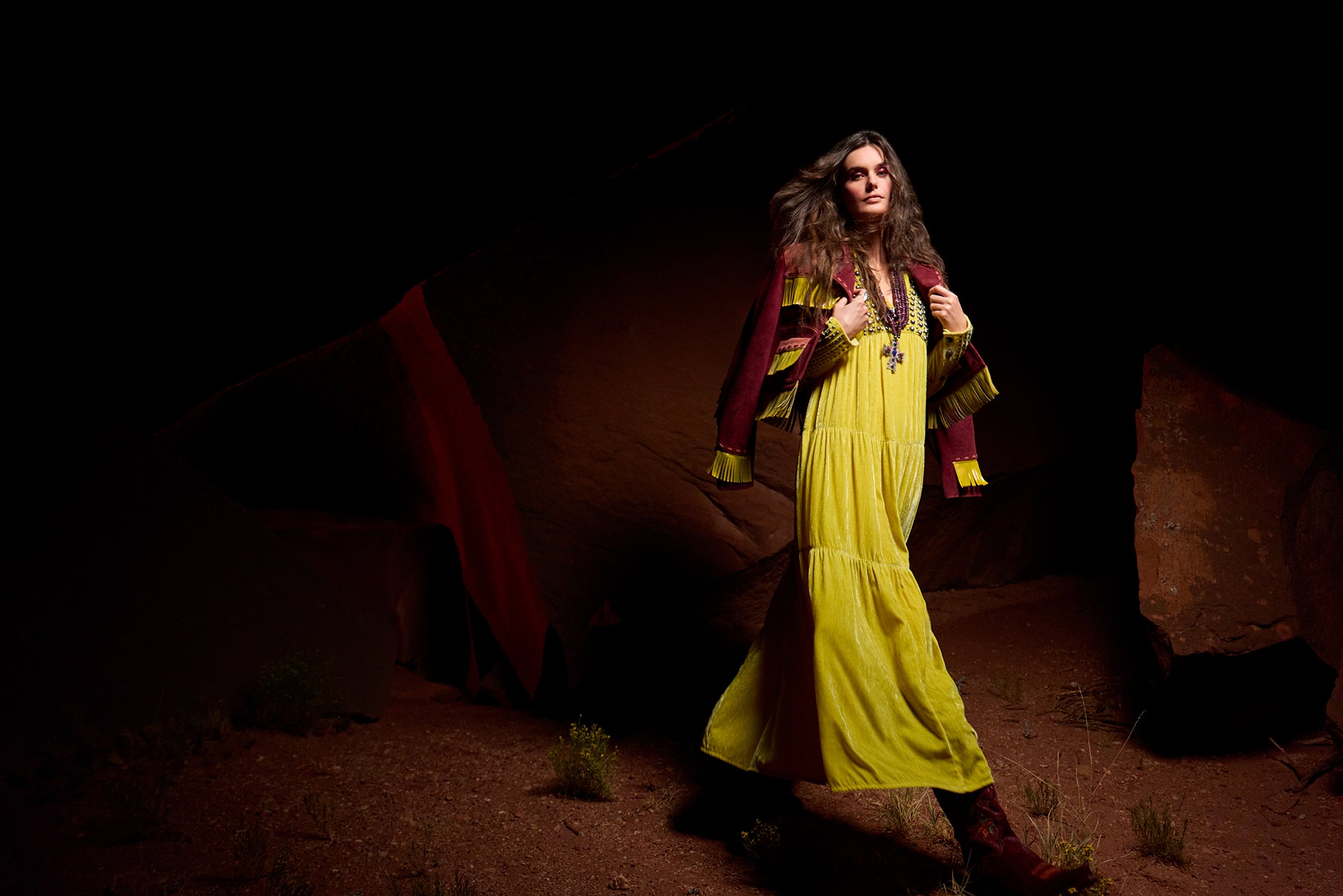 Kaylin wearing the See The Stars Dress in the color Maize with the Western Point of View Jacket in Cabernet with Double D Ranch jewelry and accessories. 