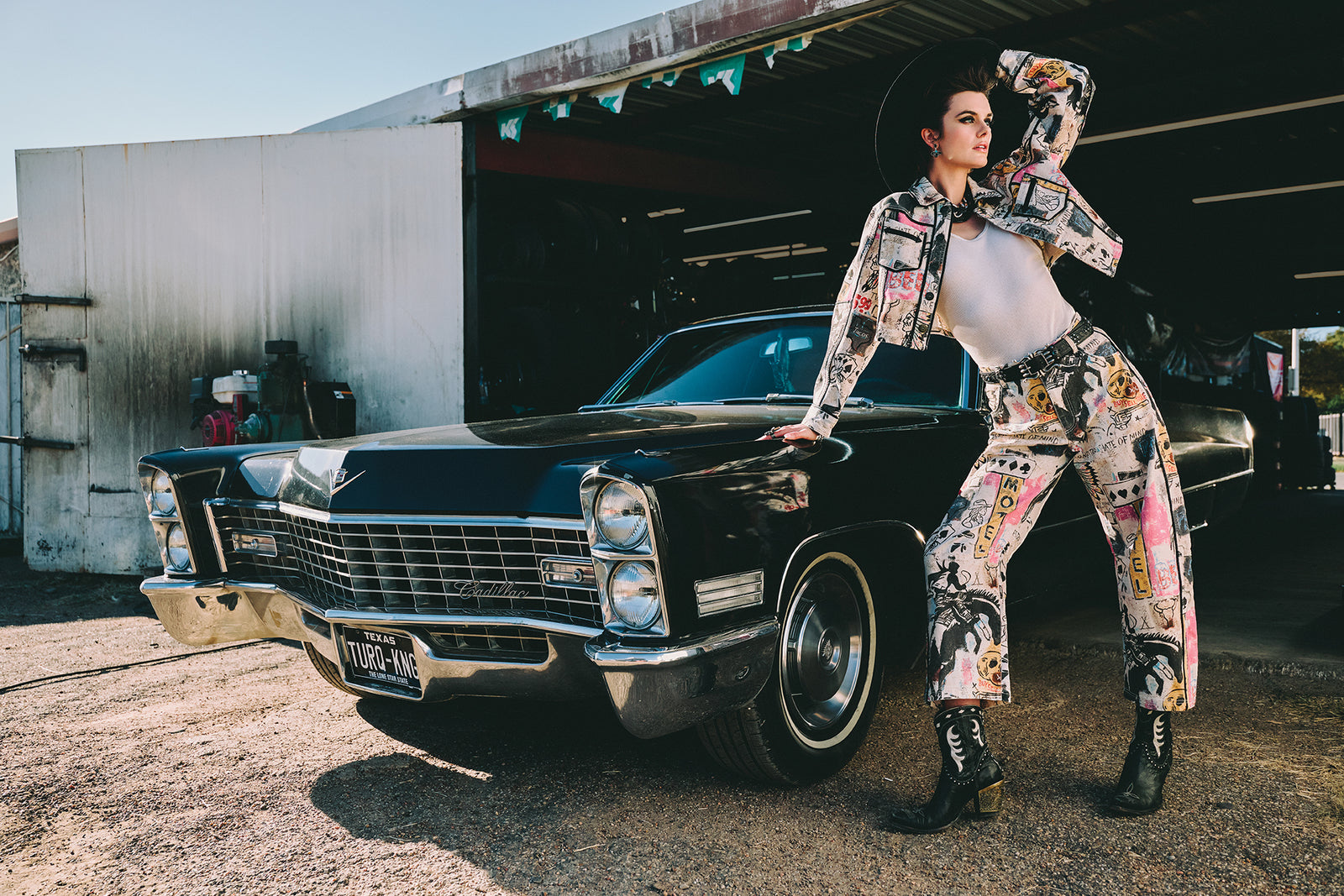 Kaylin wearing the Cowboy Graffiti Denim Jack and Pant with the Cattleman Boots with Double D Ranch jewelry and a vintage Double D Ranch belt.