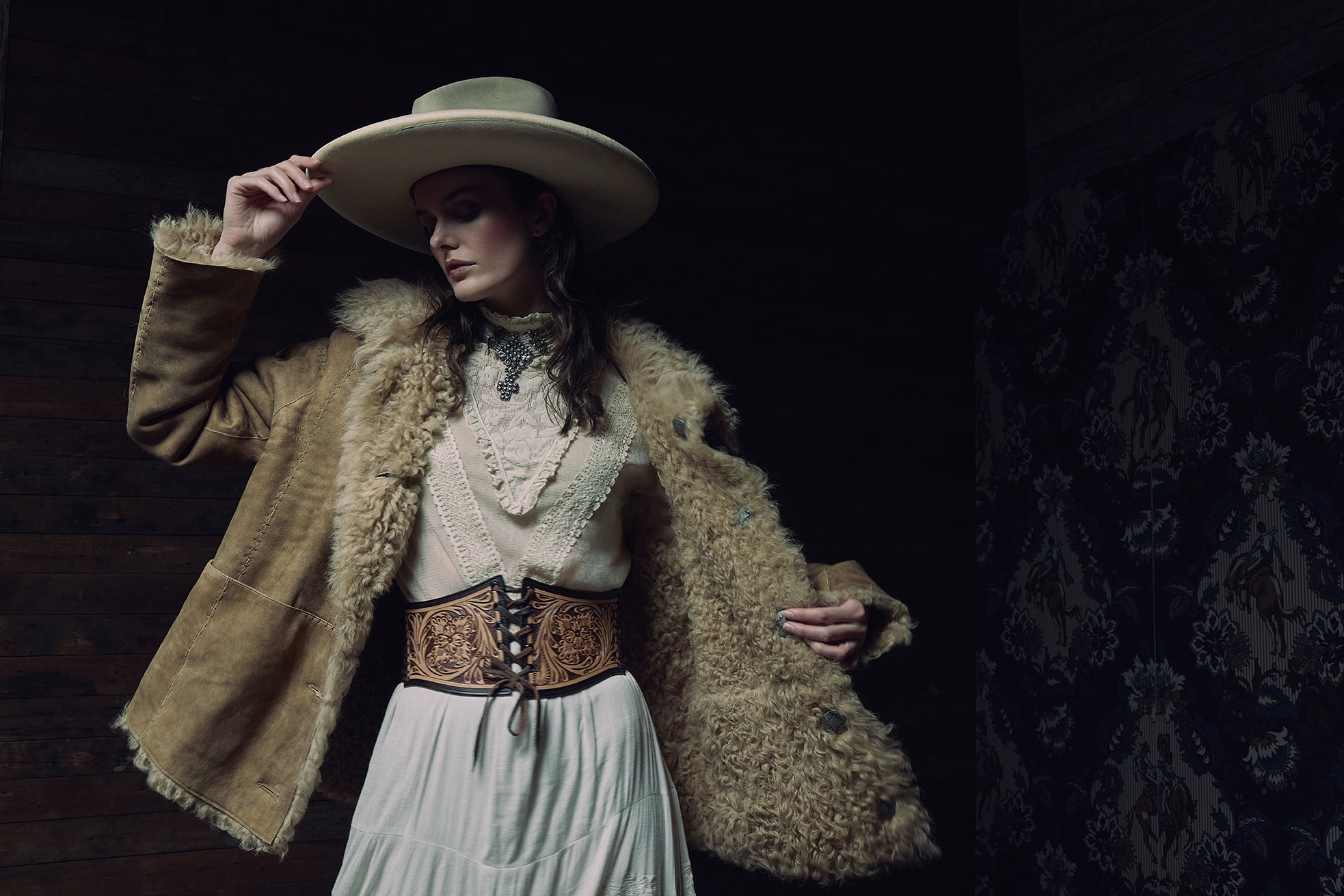 Kaylin wearing the Beckett Battenburg Top & Skirt with the Charlotte Jacket and Cowboy Corset Belt