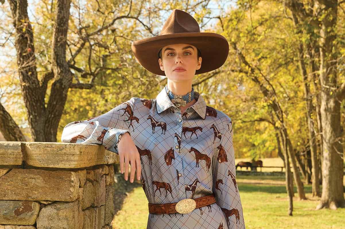 Kaylin wearing the Nu Rodeo Top and Skirt with vintage jewelry and accessories. 