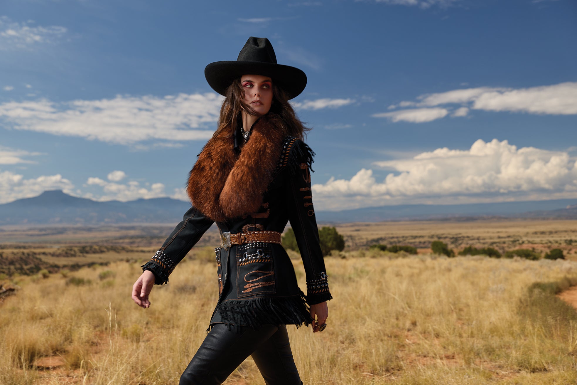 Kaylin wearing the Tucker's Tack Jacket with the Black Bandit Pants, and styled with vintage Double D Ranch Accessories.